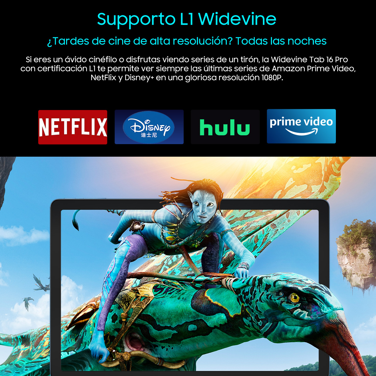 Una pantalla de tableta con texto y logotipos de Netflix, Disney+, Hulu y Prime Video.