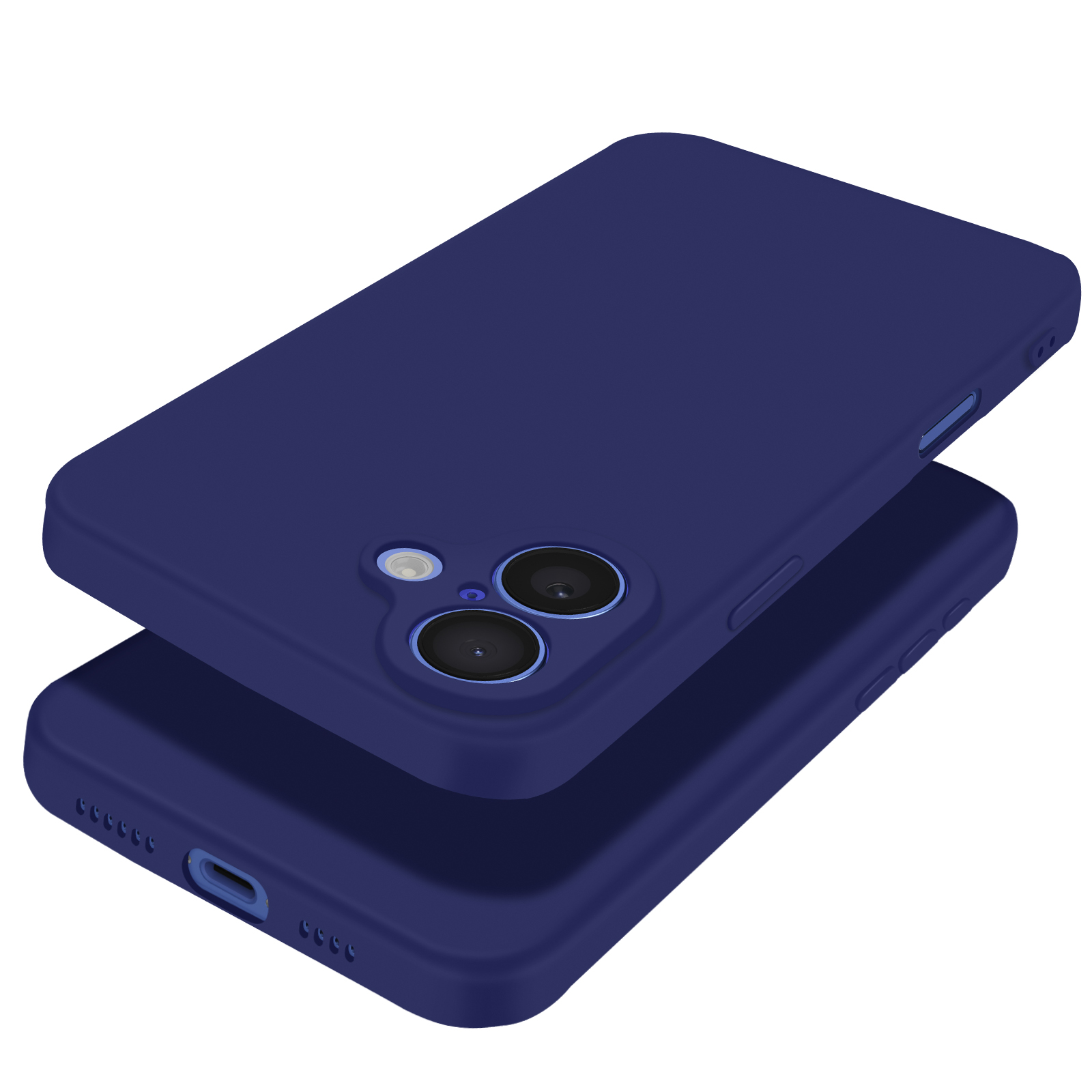 Due custodie per telefono blu scuro, con ritagli per fotocamera e dettagli dei pulsanti.