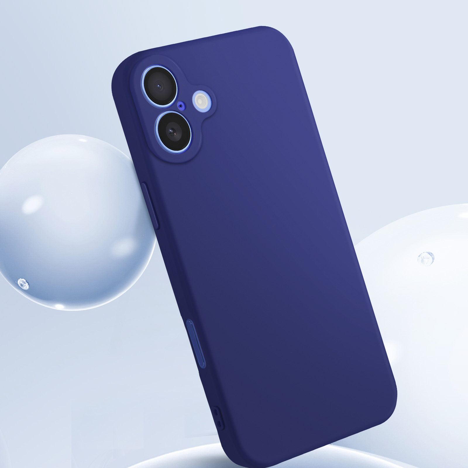 Custodia blu scuro con lenti della fotocamera su sfondo azzurro con due sfere bianche.