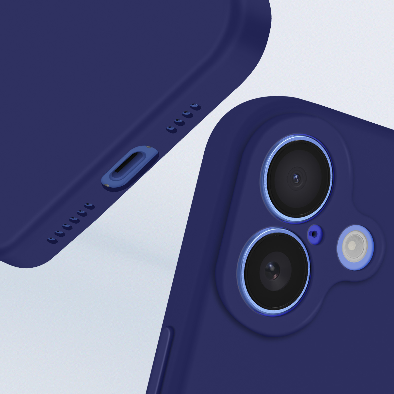 Primo piano di una custodia per telefono blu scuro, che mostra l'intaglio della fotocamera e i pulsanti.