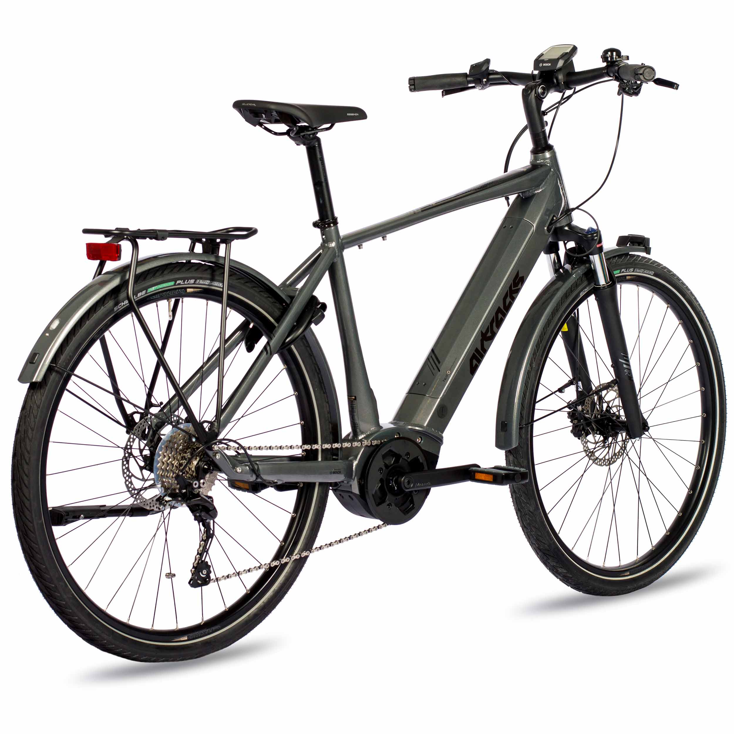 Graues Elektrofahrrad mit schwarzen Reifen. Es hat einen Gepäckträger und eine Vorderradaufhängung. Weißer Hintergrund.