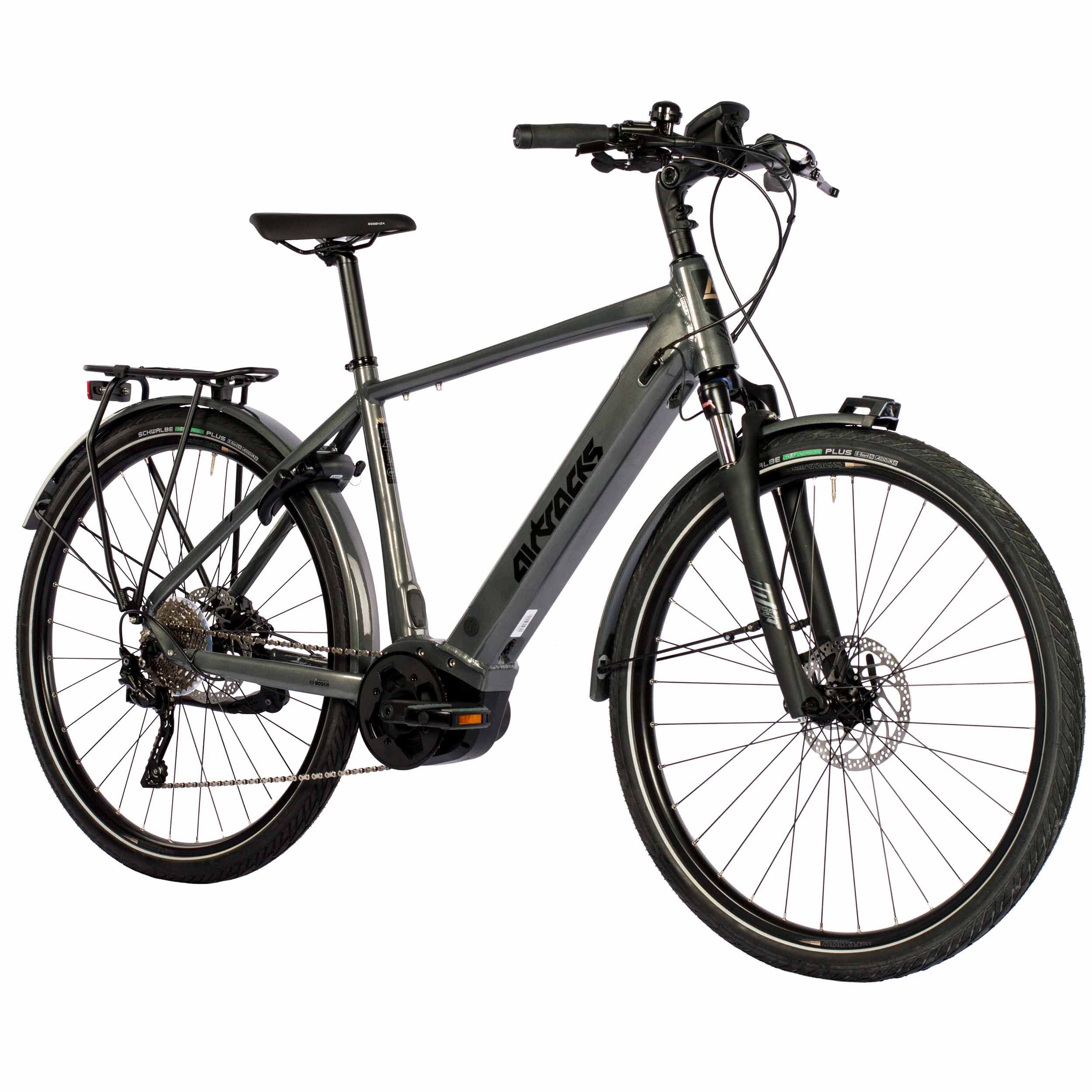Graues Elektrofahrrad mit schwarzen Details. Hat Front- und Rücklichter und einen Gepäckträger.
