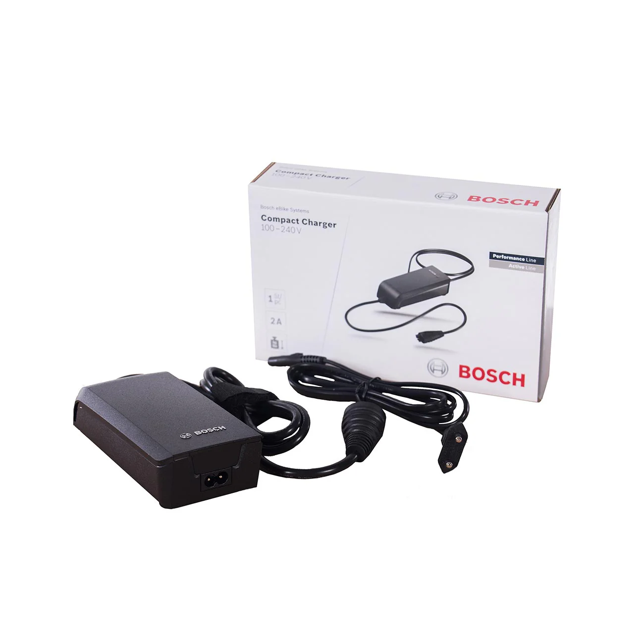 Ein schwarzes Bosch Compact Charger und eine weiße Schachtel mit dem gleichen Ladegerät-Modell.