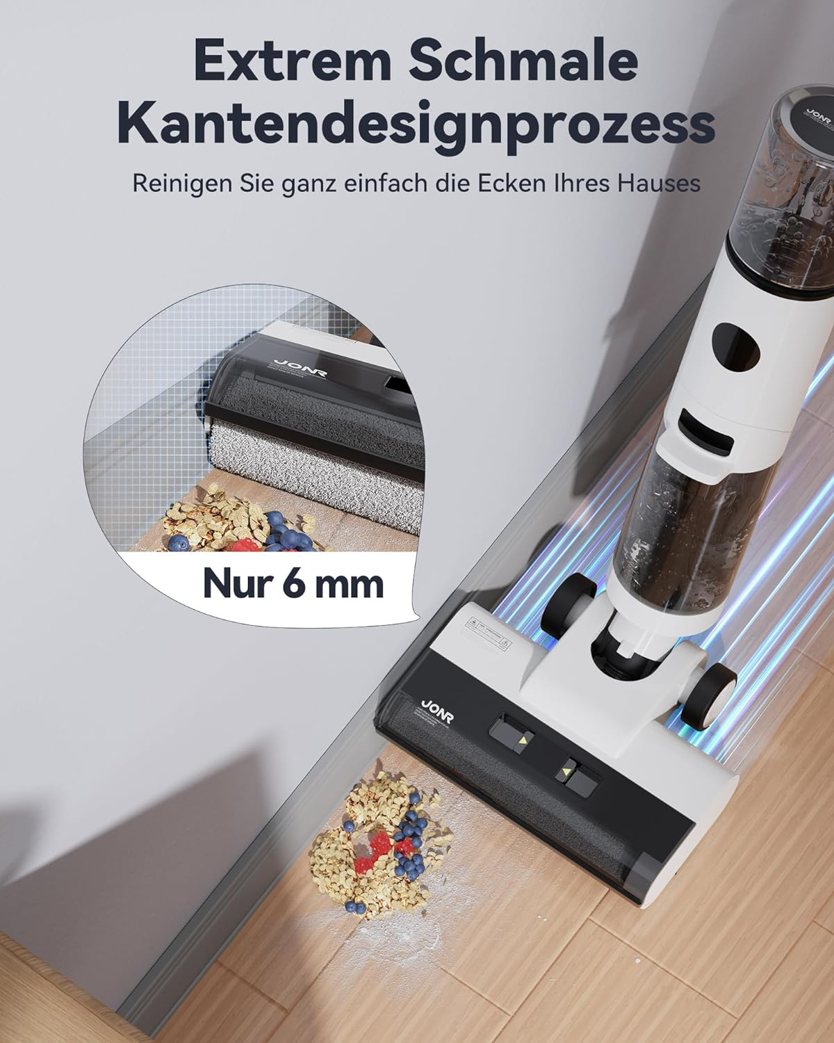 Biało-czarny środek do czyszczenia podłóg. Zbliżenie pokazuje małe czyszczenie krawędzi 6 mm.