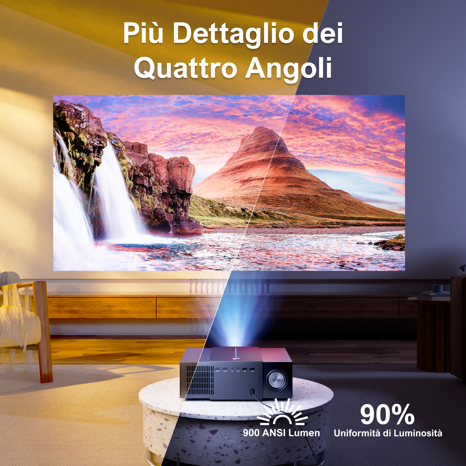 Proiettore che mostra una scena paesaggistica vibrante, con raggio di luce sulla superficie.