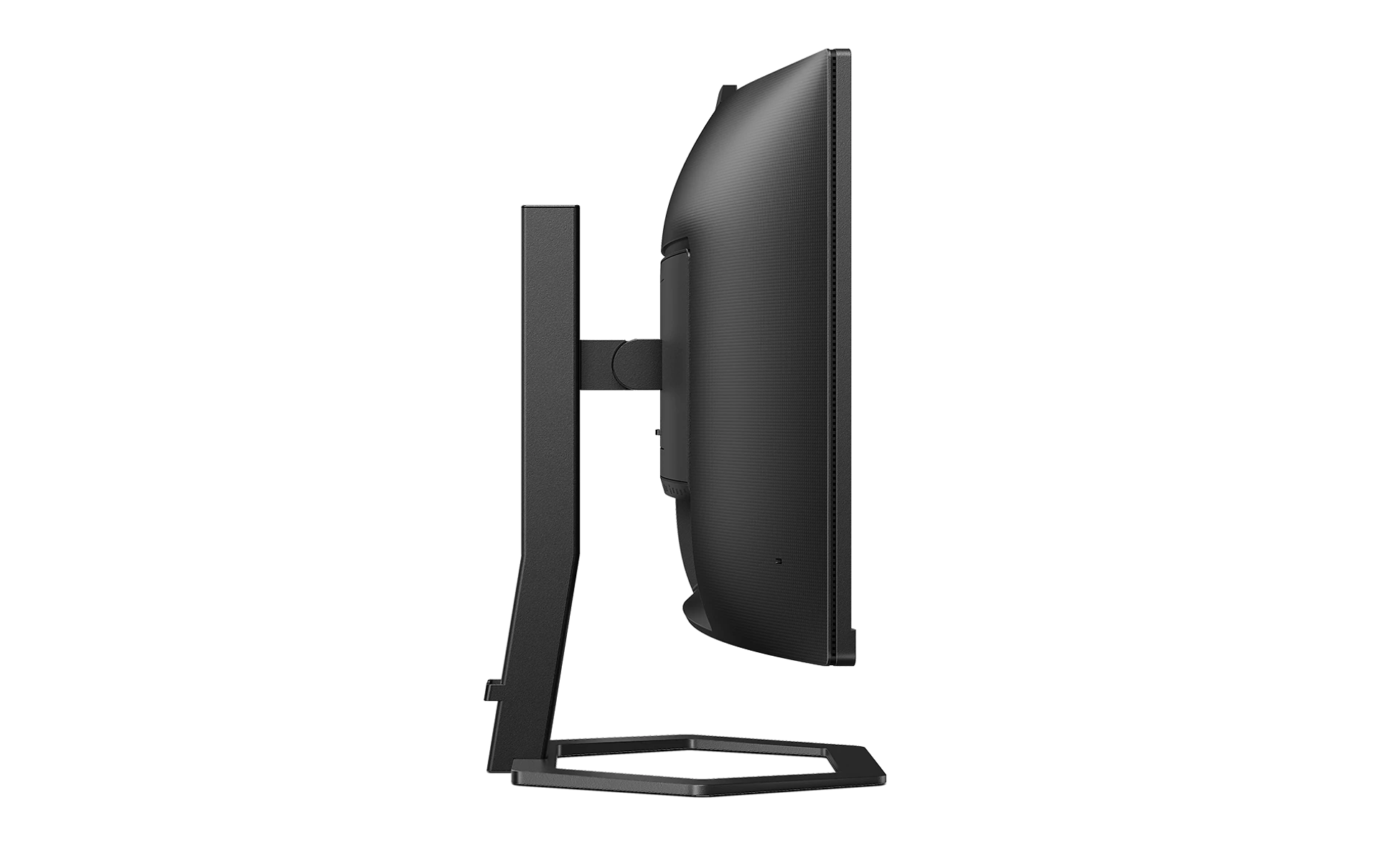 Czarny monitor komputera z boku, ze stojakiem i czarnym tłem.