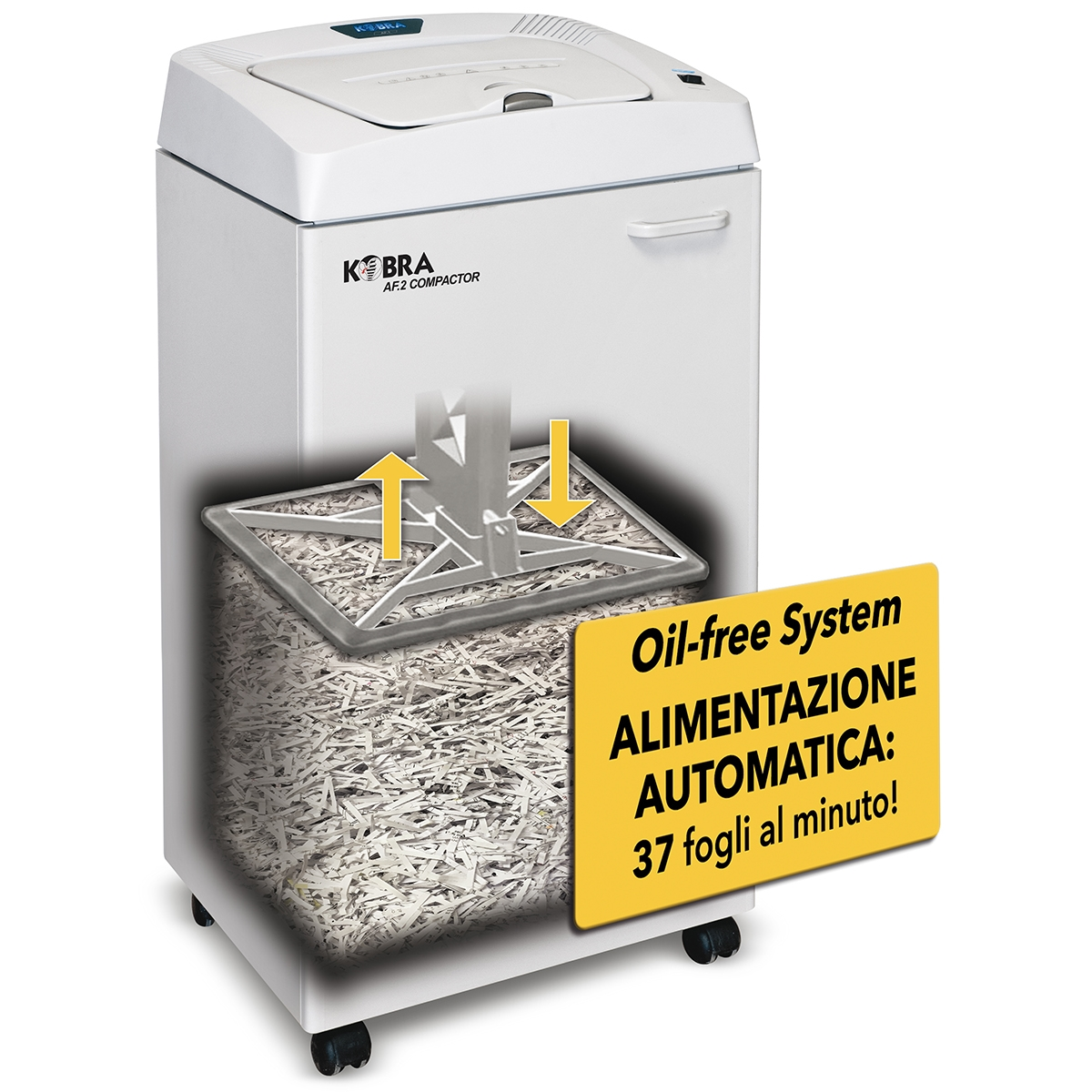 Distruggidocumenti bianco con etichetta gialla che indica alimentazione automatica.