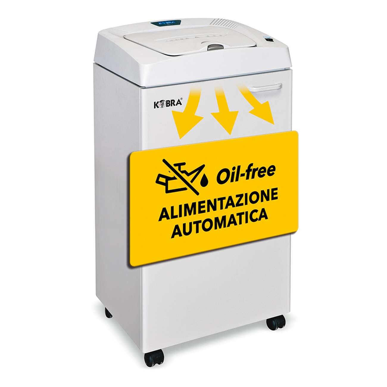 Un distruggidocumenti bianco con un cartello giallo che dice 'Senza olio, Alimentazione automatica'.