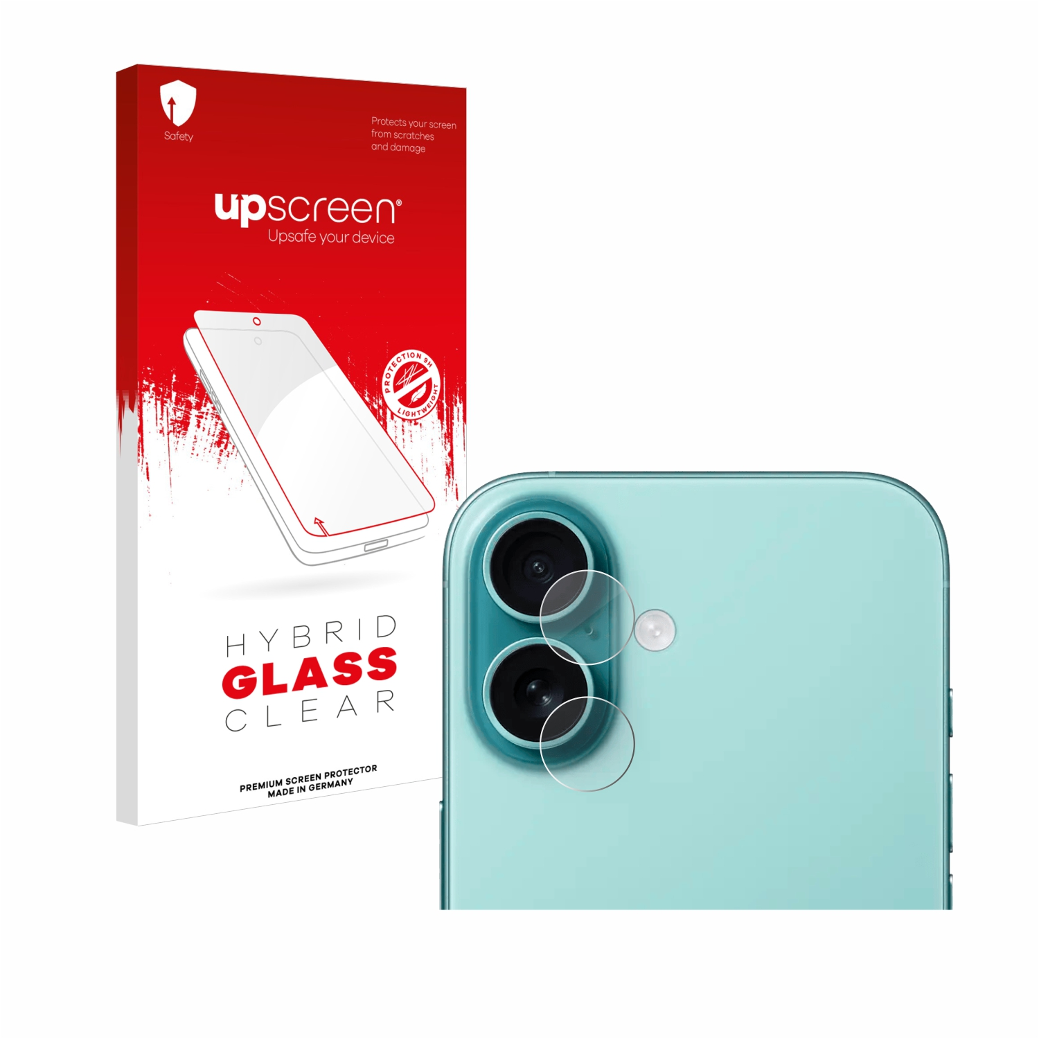 Ein Telefon mit Displayschutzfolie steht neben einer Box mit der Aufschrift Hybrid Glass Clear. Das Telefon ist hellblau.