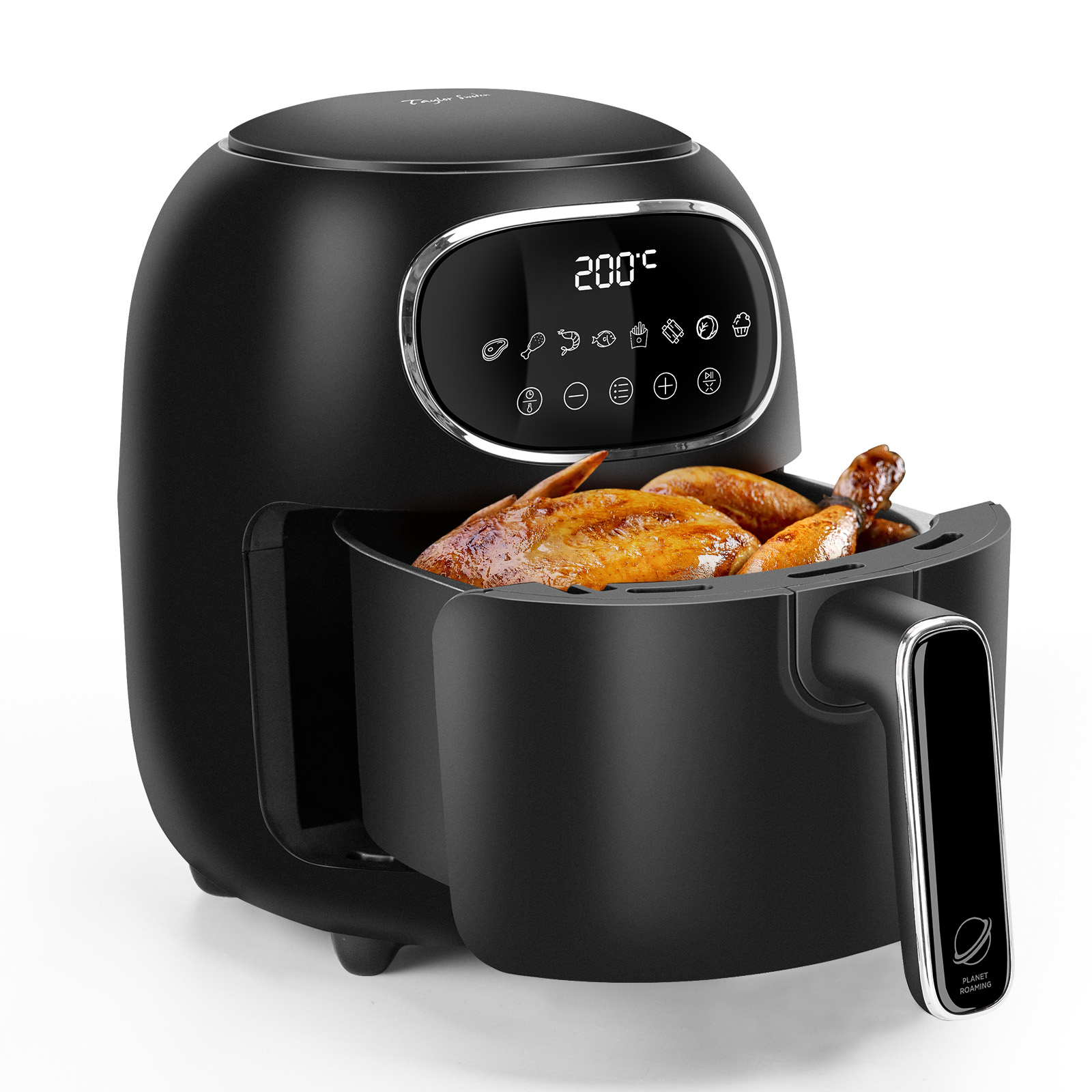 Freidora de aire negra con pollo dentro. La pantalla digital muestra la temperatura.