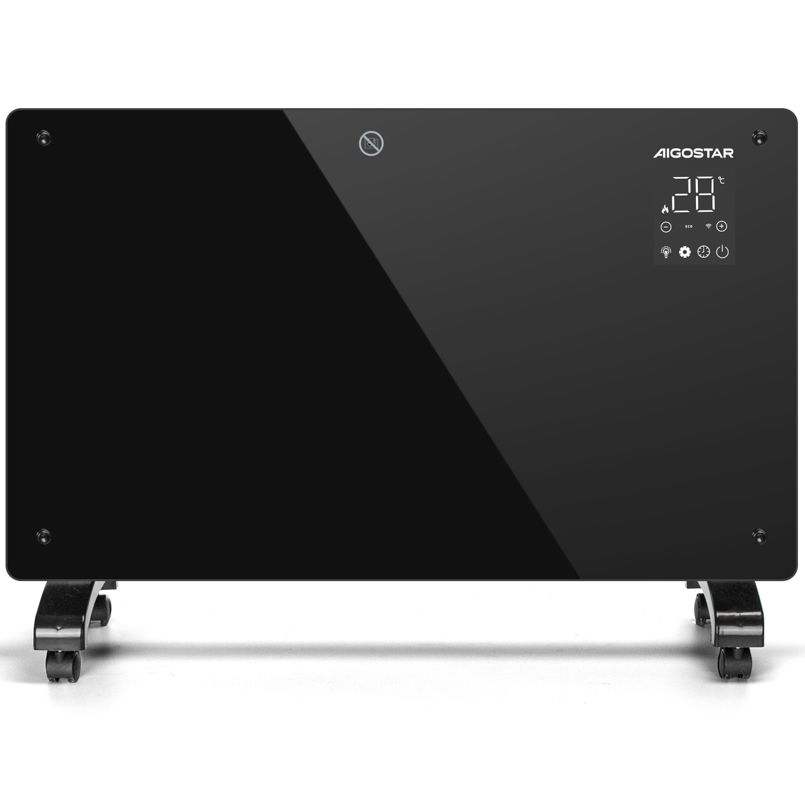 Calentador AIGOSTAR negro con pantalla digital que muestra 28 grados. Tiene ruedas.