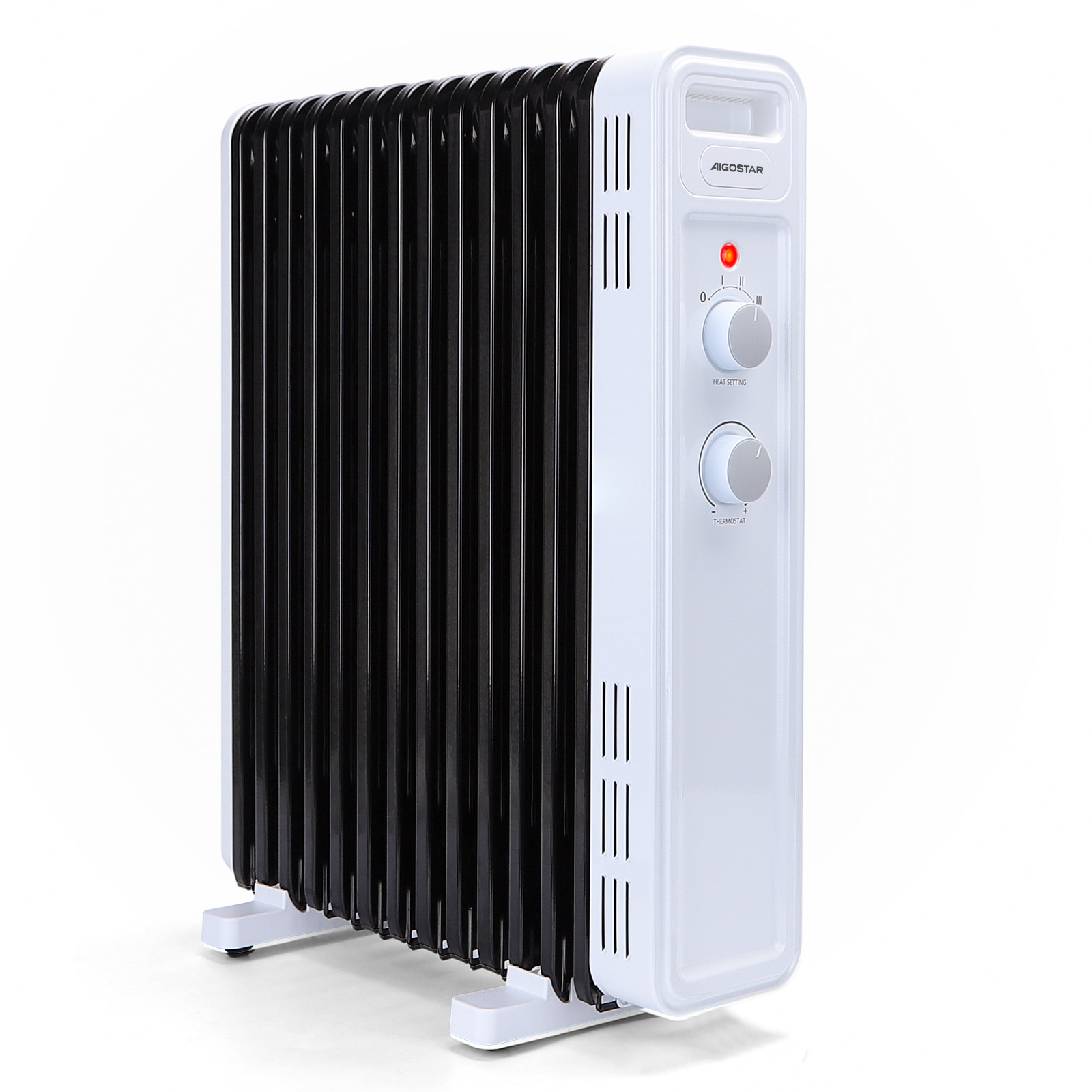 Radiador eléctrico blanco con barras verticales negras y controles.