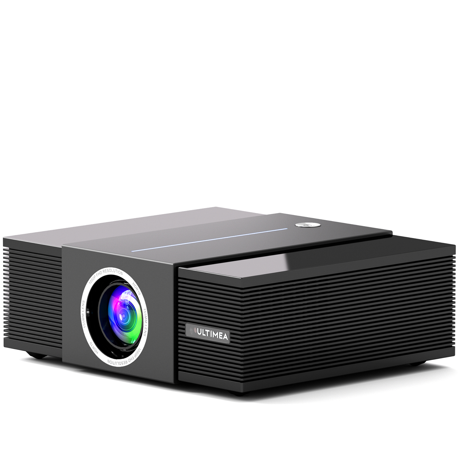 Een zwarte projector met lens en merknaam op een witte achtergrond.