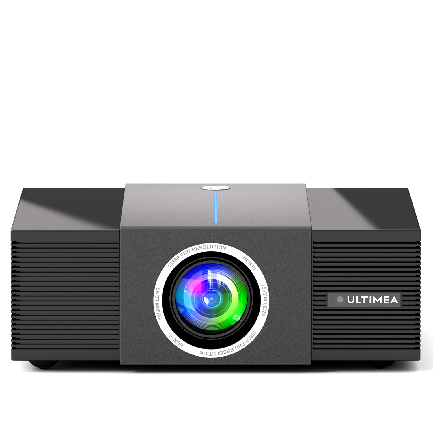 Een zwarte projector met een lens en de merknaam 'ULTIMEA' op een witte achtergrond.