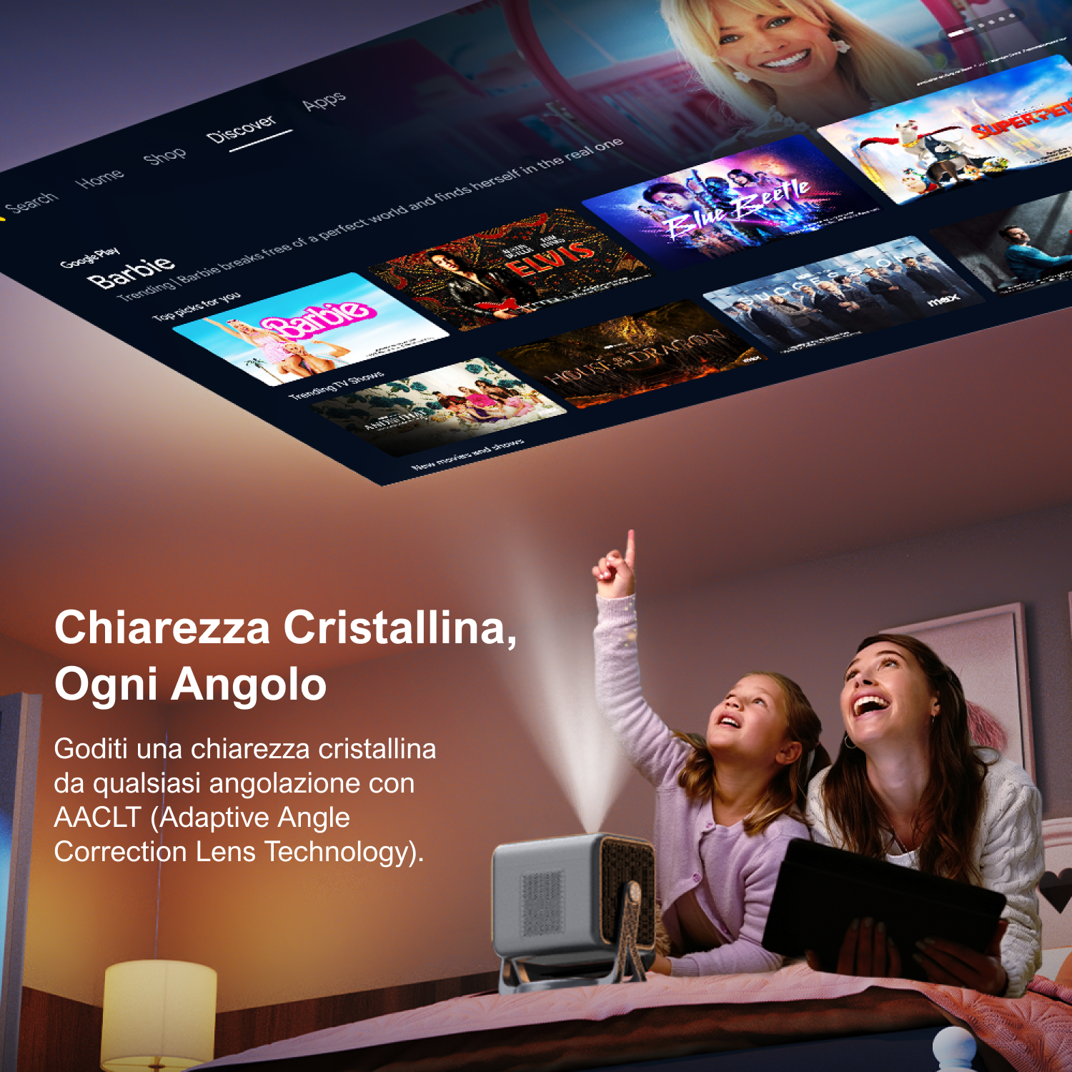 Una donna e una bambina stanno indicando un'immagine sul soffitto.