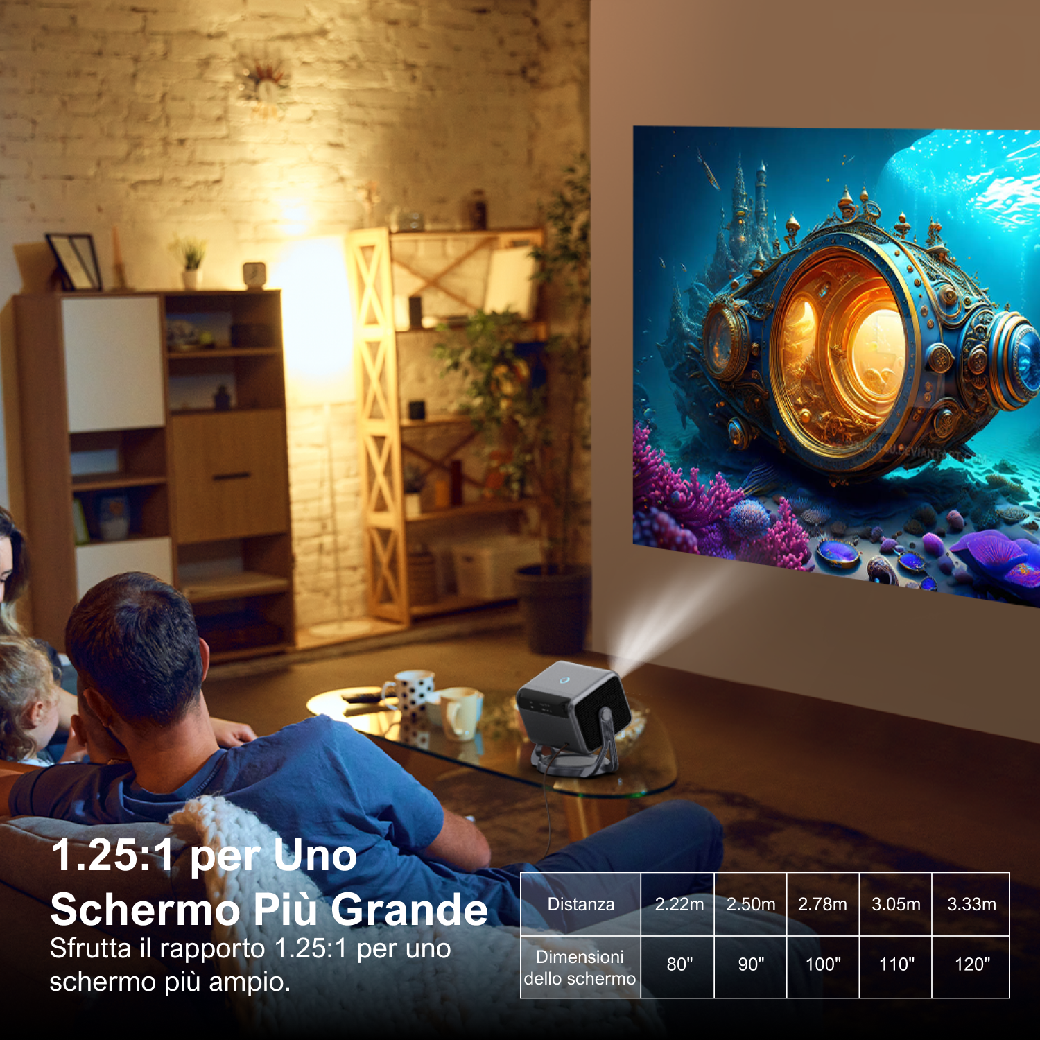 Un proiettore che mostra un grande schermo in un ambiente soggiorno.
