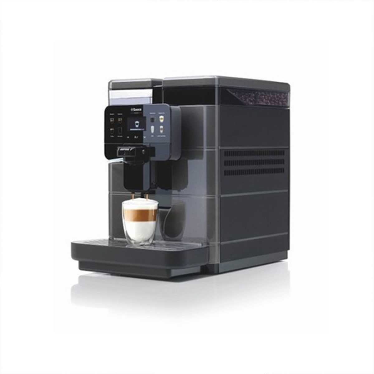 Ekspres do kawy ze szklanką latte. Maszyna jest ciemnoszara z czarnym interfejsem.