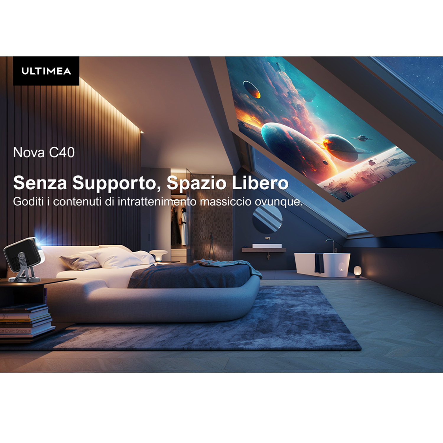 Camera da letto moderna con proiettore che mostra una scena sul soffitto sopra il letto.