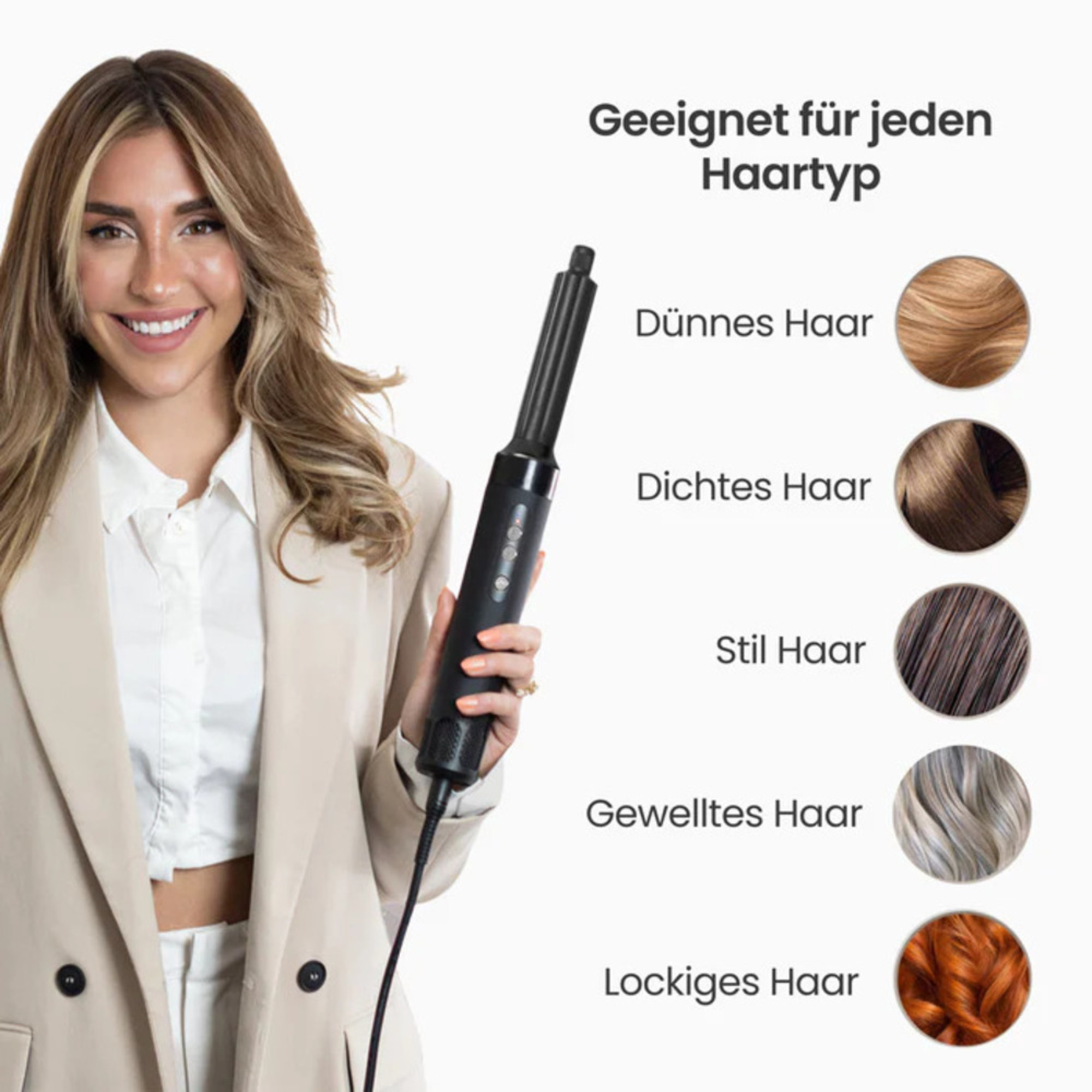Eine Frau mit blonden Haaren hält einen Lockenstab. Haarproben werden gezeigt.