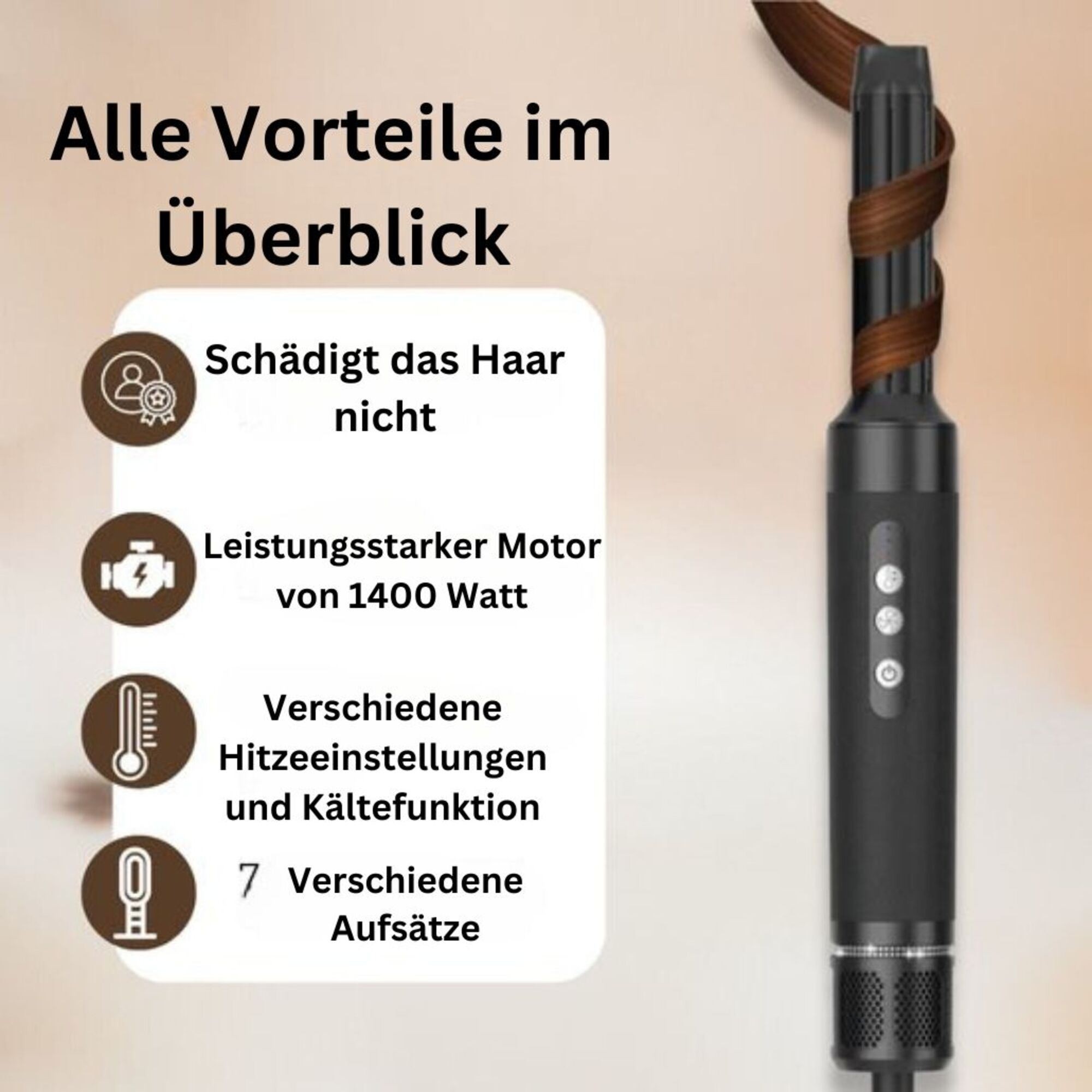 Schwarzer Lockenstab mit Text über Funktionen wie keine Haarschädigung und Aufsätze.