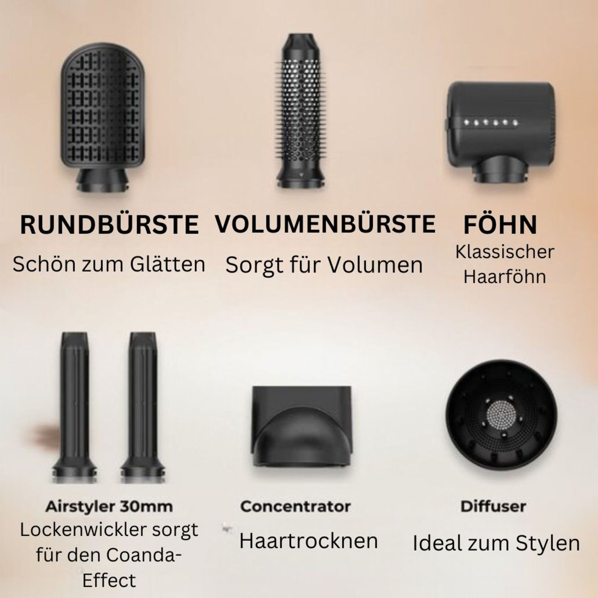 Frisuren-Styling-Werkzeuge. Diffusor, Lockenstab, Volumizer und andere. Schwarz und Grau.