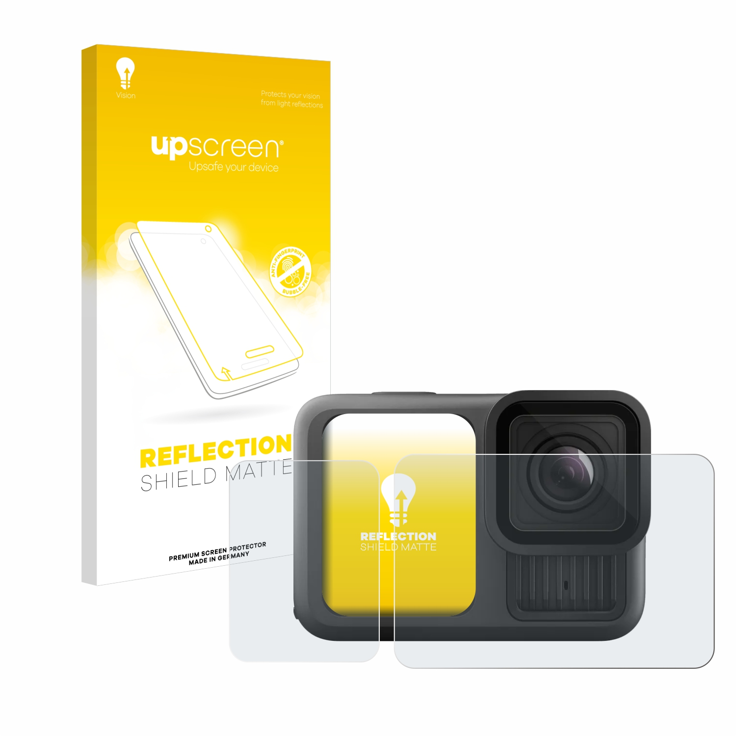 Displayschutzfolienbox und eine GoPro-Kamera mit Displayschutz.