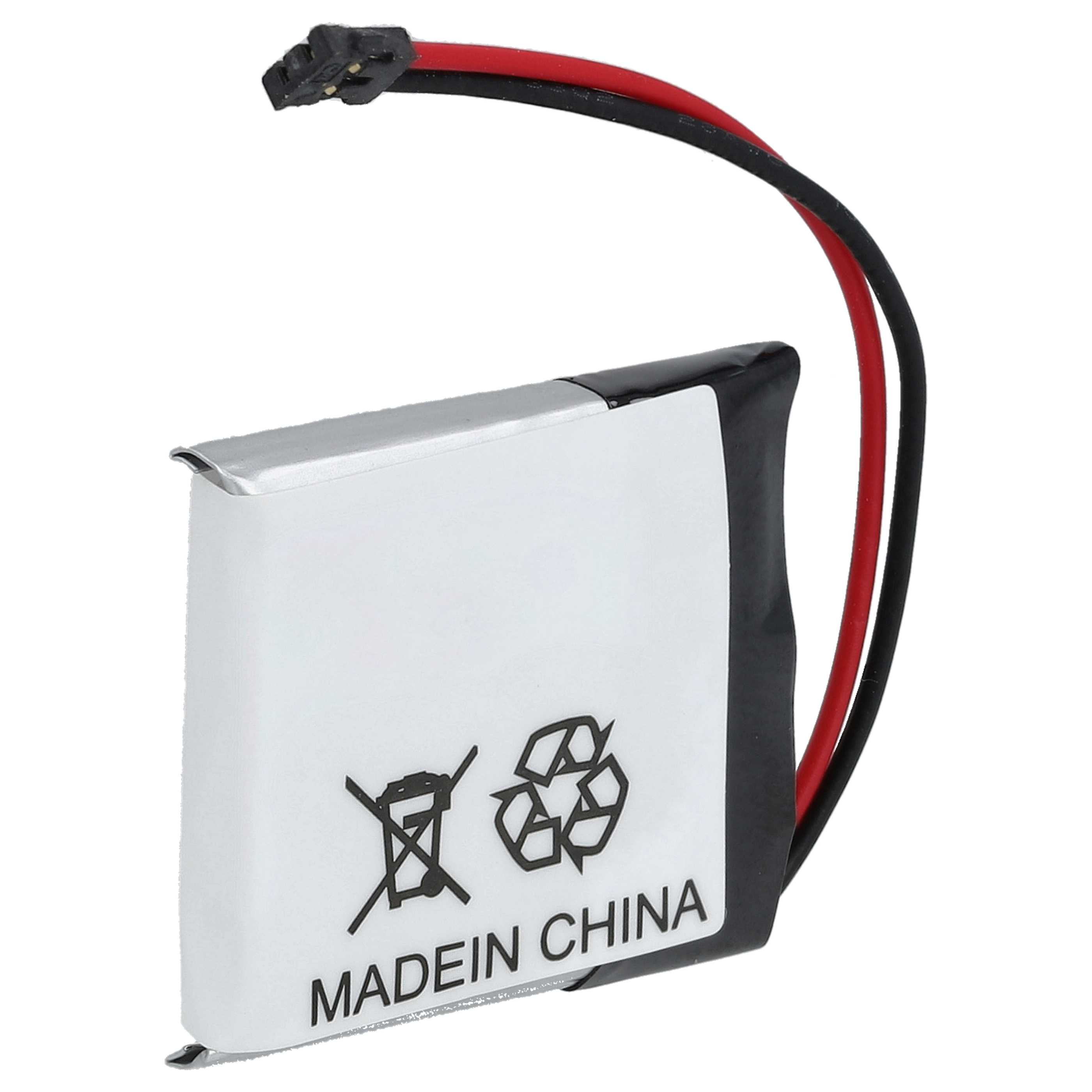 Eine weiße Batterie mit schwarzen und roten Drähten, mit einem Recycling-Symbol und MADE IN CHINA.