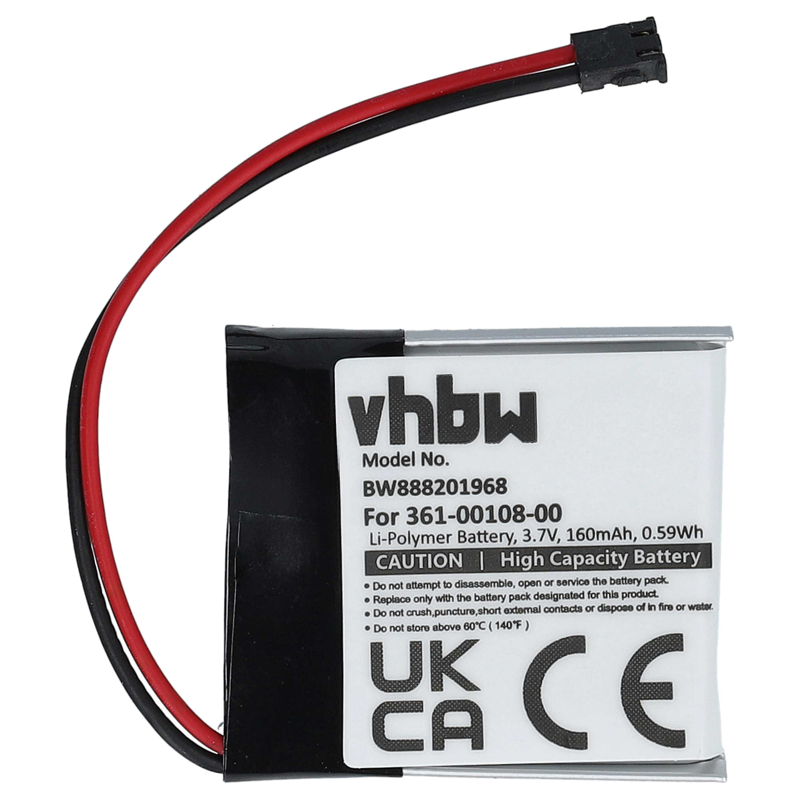 Eine schwarz-rote Batterie mit Text: vhbw, Modell-Nr. und Sicherheitshinweise. UKCA- und CE-Kennzeichen.