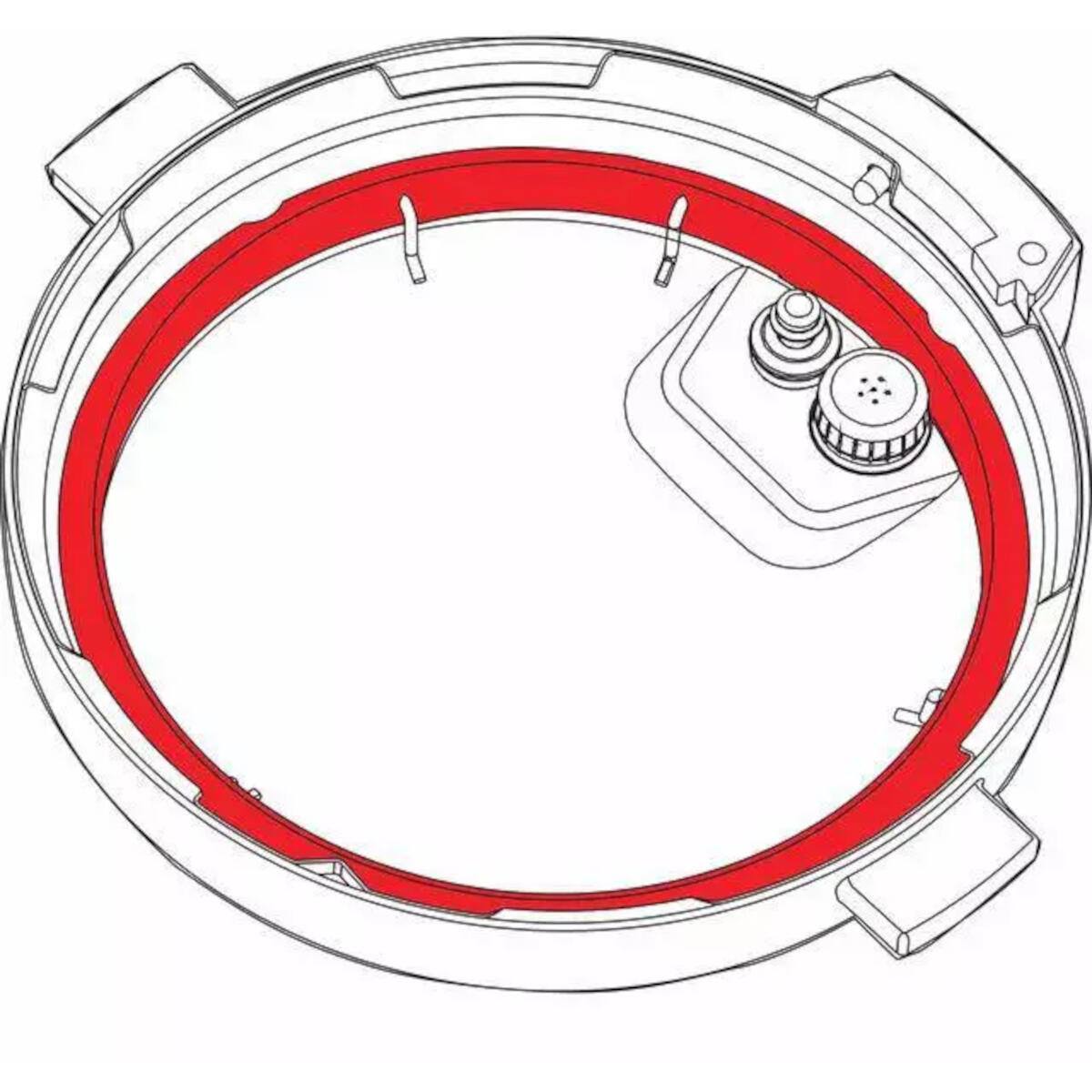 An overhead view of a white pressure cooker lid with a red rubber seal.