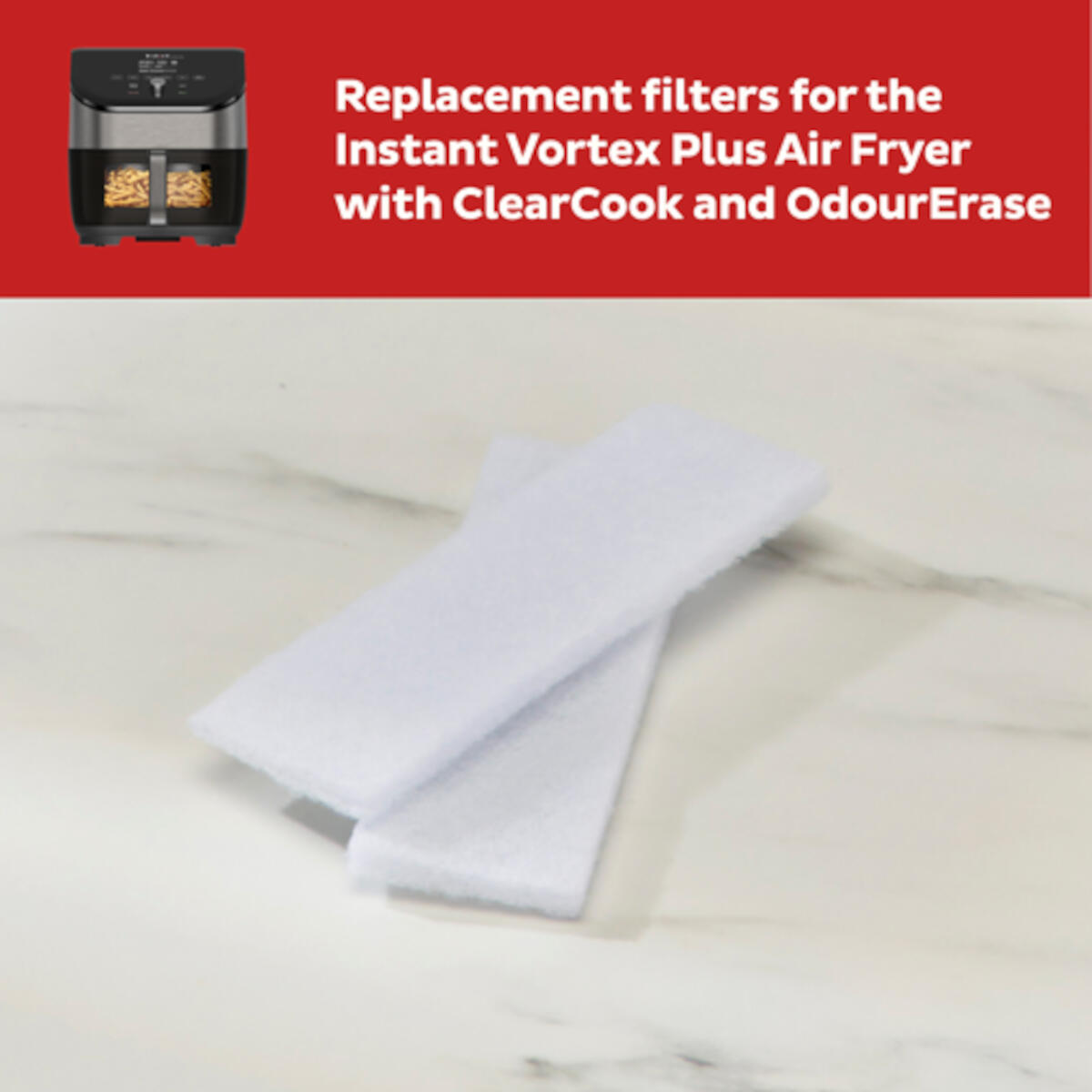 Two white air fryer filters. Text above: Replacement filters for the Instant Vortex Plus Air Fryer.