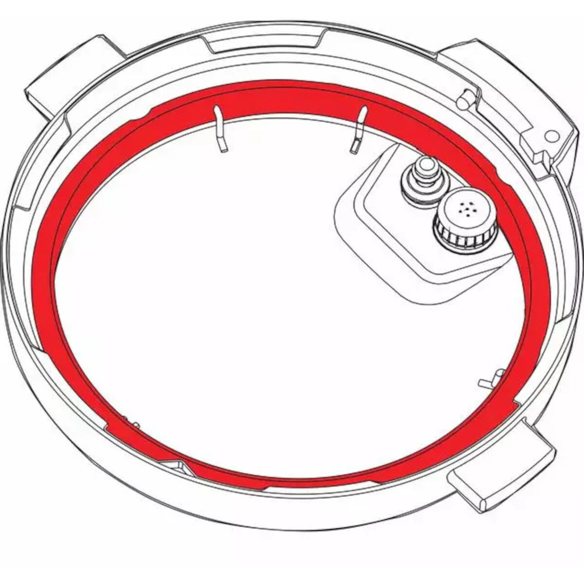 Top view of an open pressure cooker. A red rubber ring is visible inside the lid.