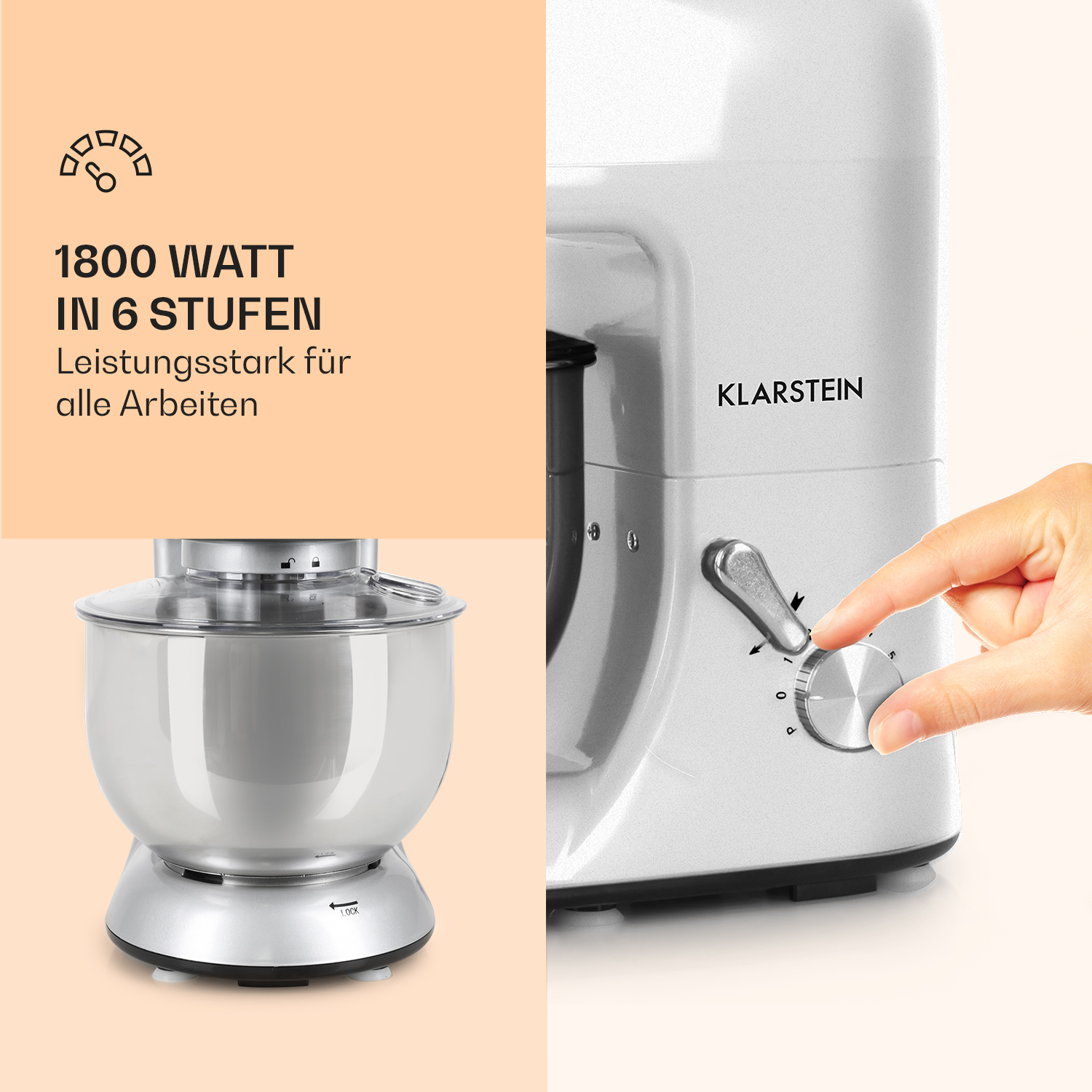 Un mixer da cucina bianco con una mano che regola il quadrante della velocità e testo.