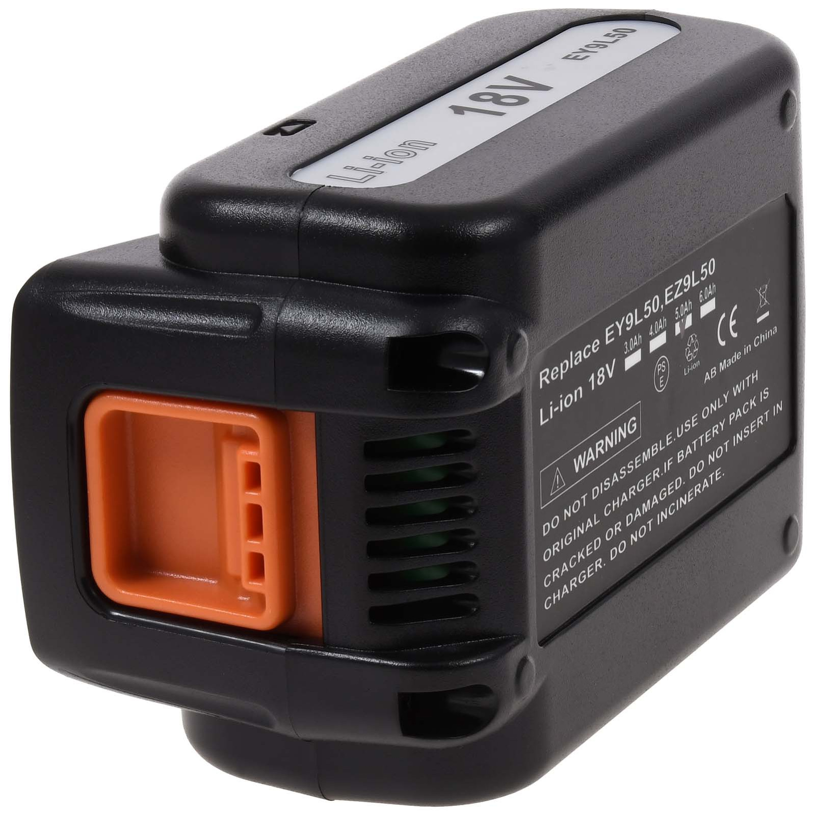 Una batería de iones de litio de 18 V negra y naranja para una herramienta eléctrica.
