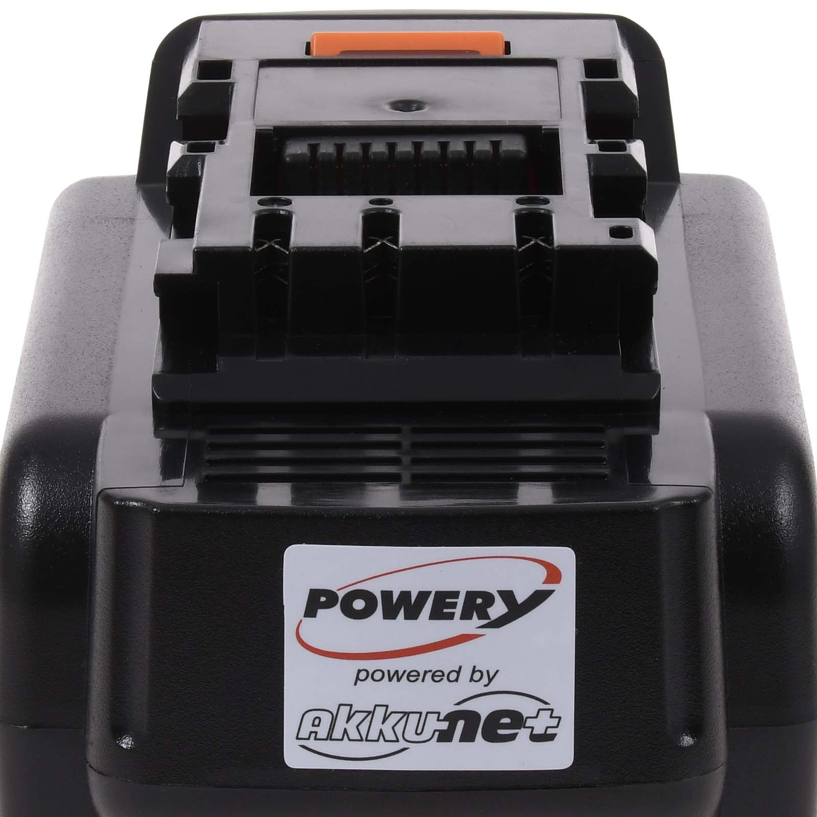 Batería negra con los logotipos de Powery y Akkunet+ mostrados prominentemente.