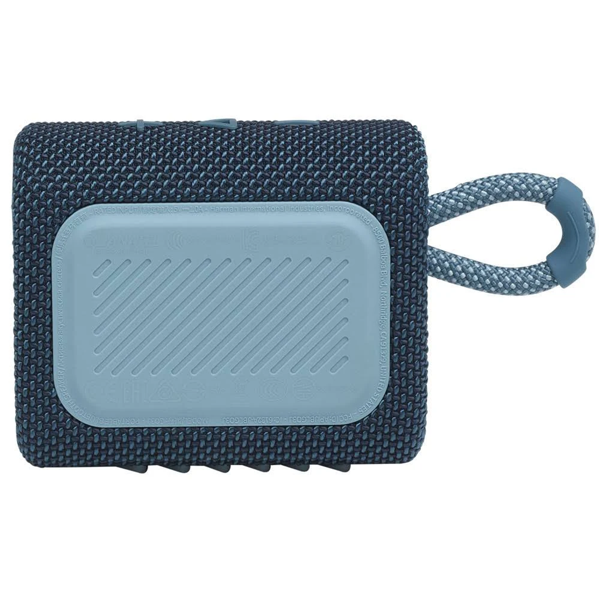 Un altavoz pequeño, azul marino, con panel trasero azul claro y asa de cuerda gris.