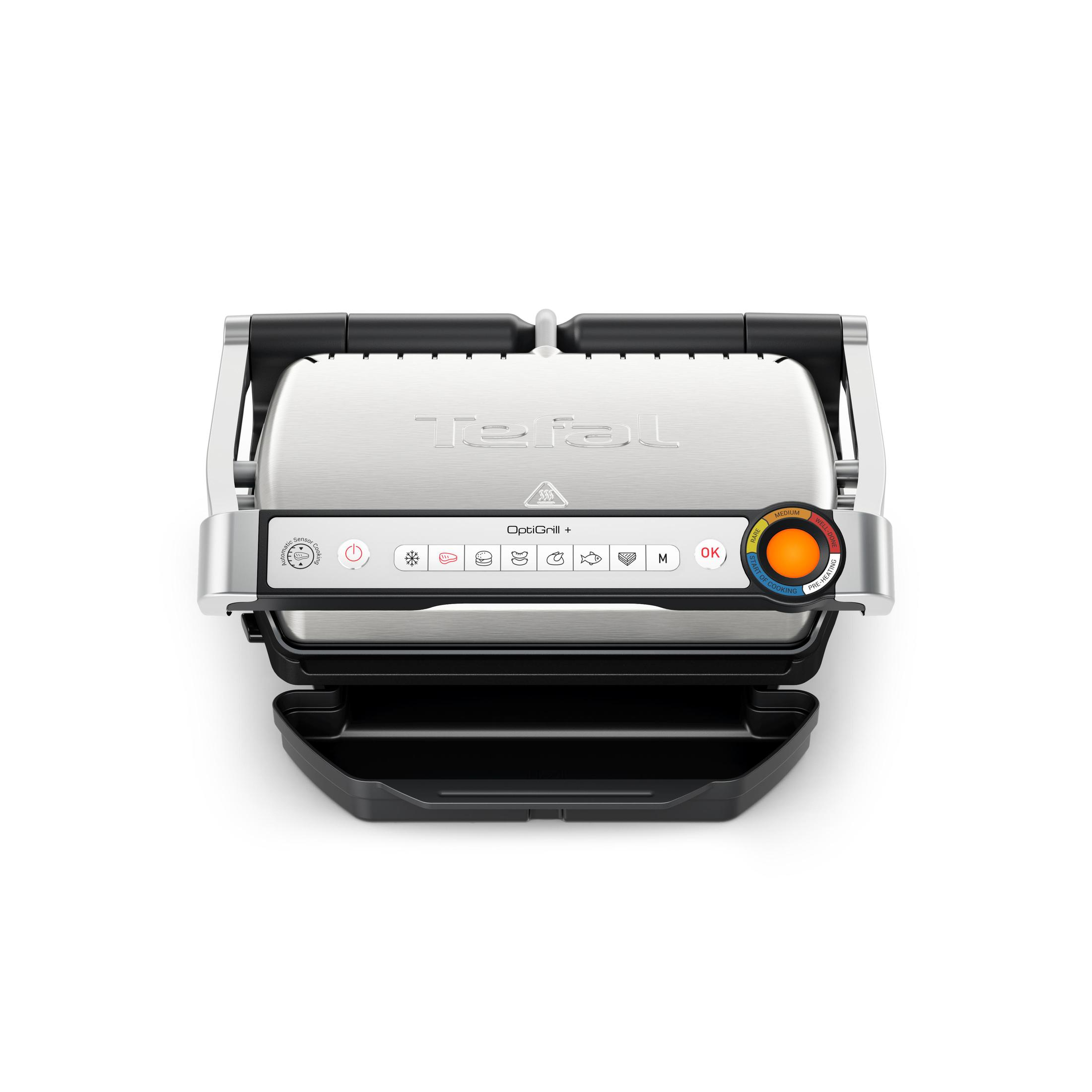 Draufsicht auf einen offenen Tefal OptiGrill+ auf weißer Oberfläche. Bedienfeld rechts.