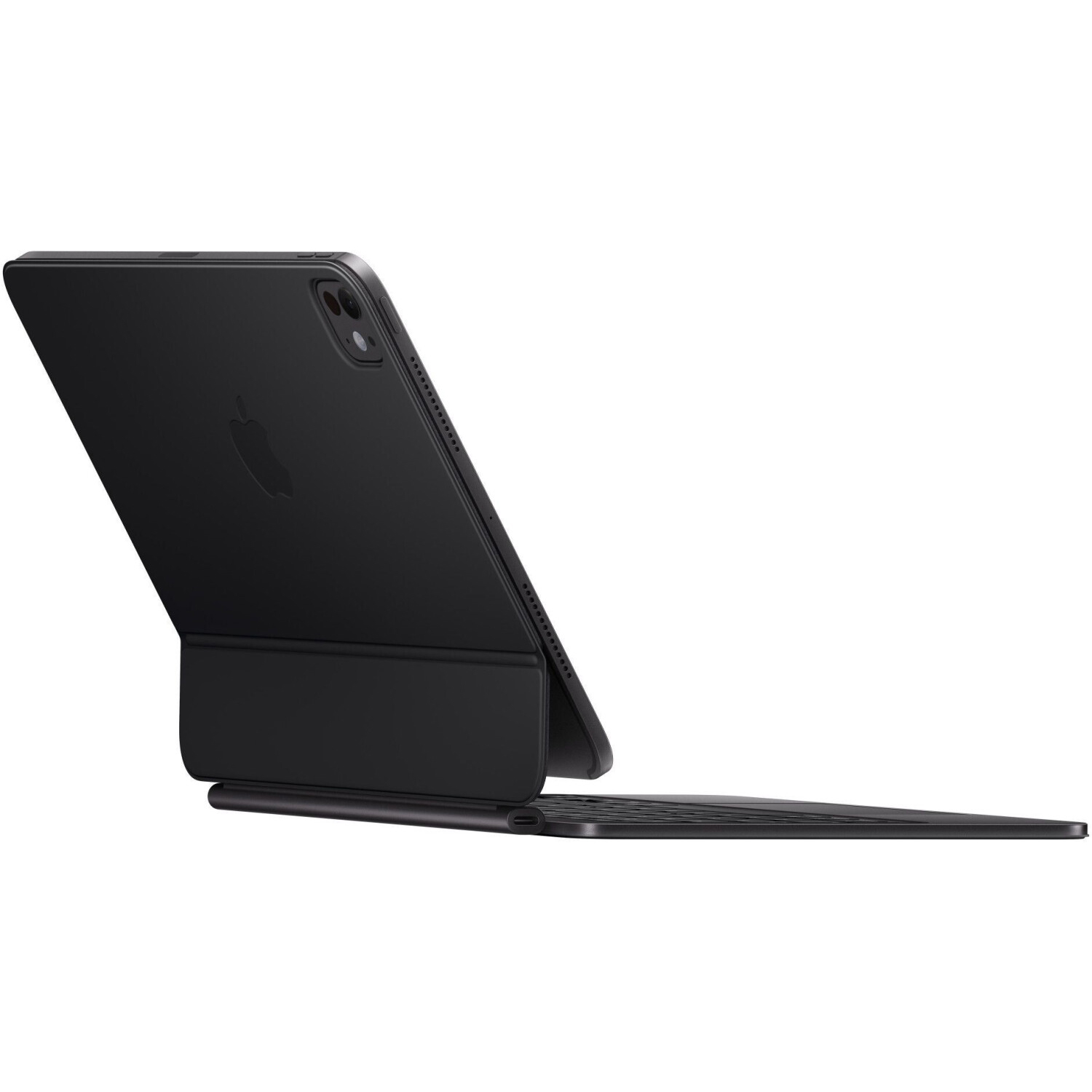 Un tablet nero con logo Apple, angolato, mostra il retro del tablet e della tastiera.