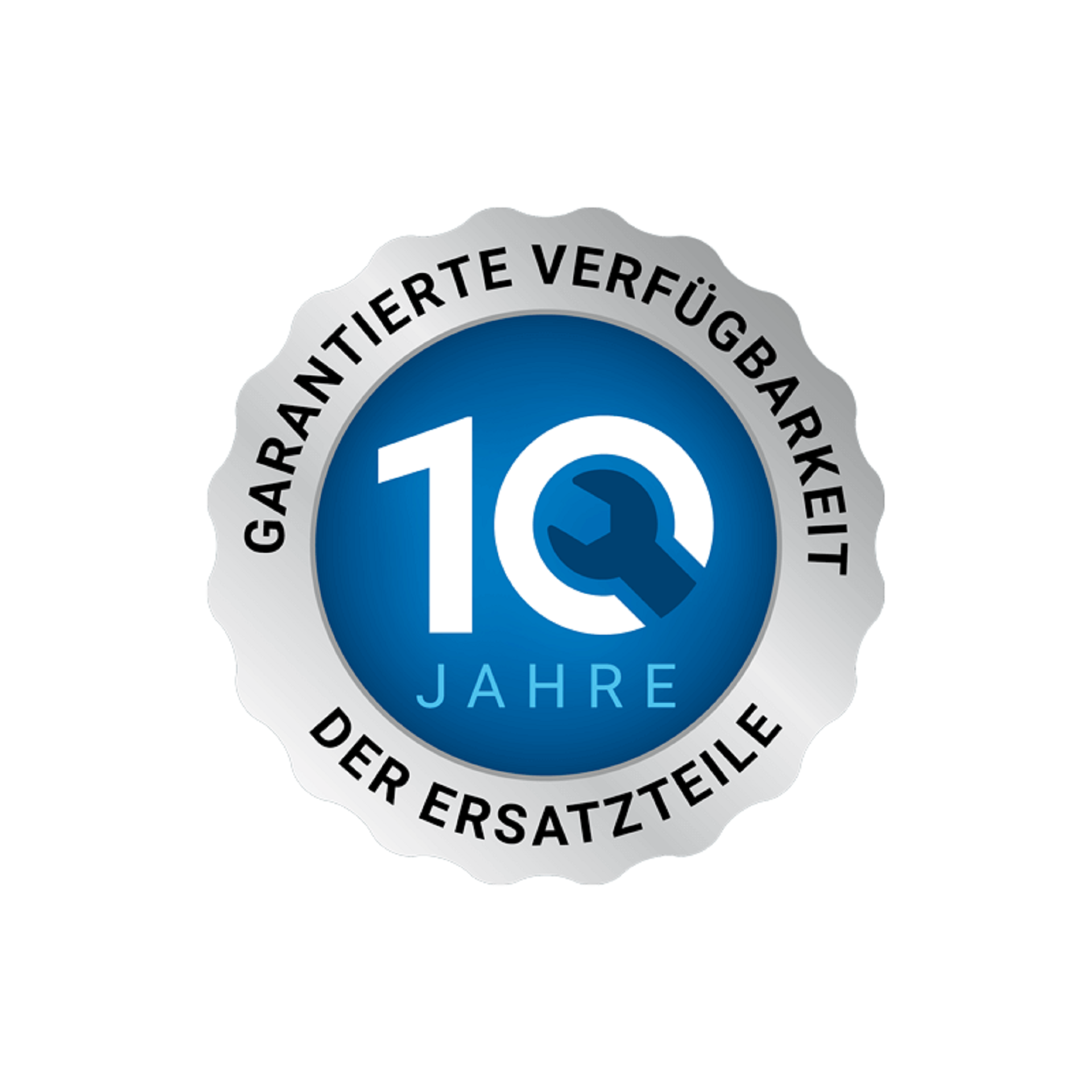 Ein blau-weißes Abzeichen mit Text: 'GARANTIERTE VERFÜGBARKEIT DER ERSATZTEILE 10 JAHRE'.