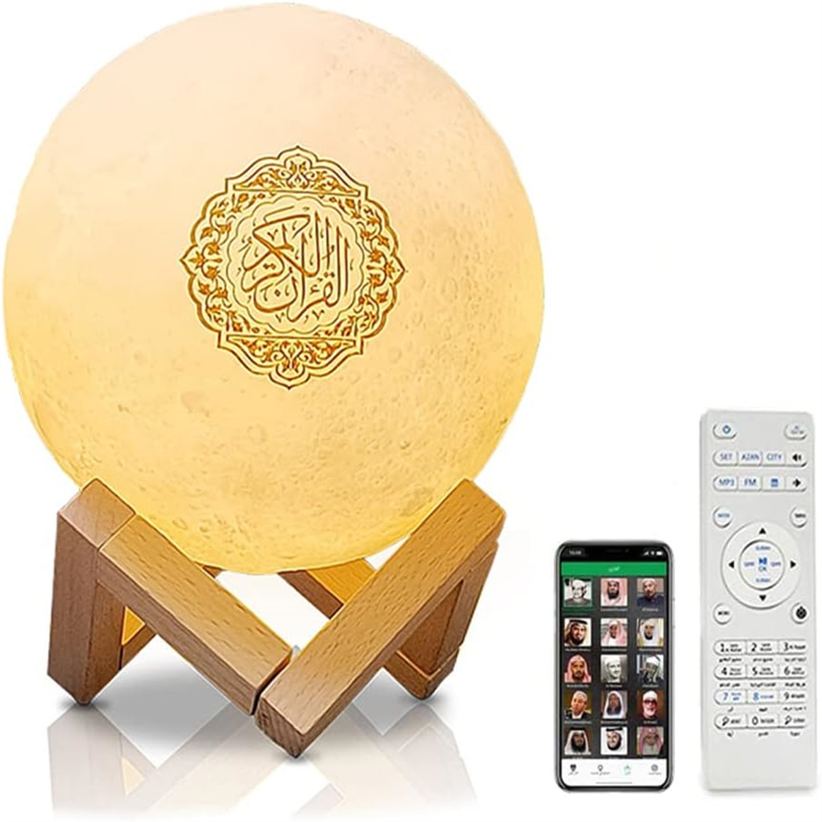 Mondförmige Lampe mit Koraninschrift, Holzständer und Fernbedienung.