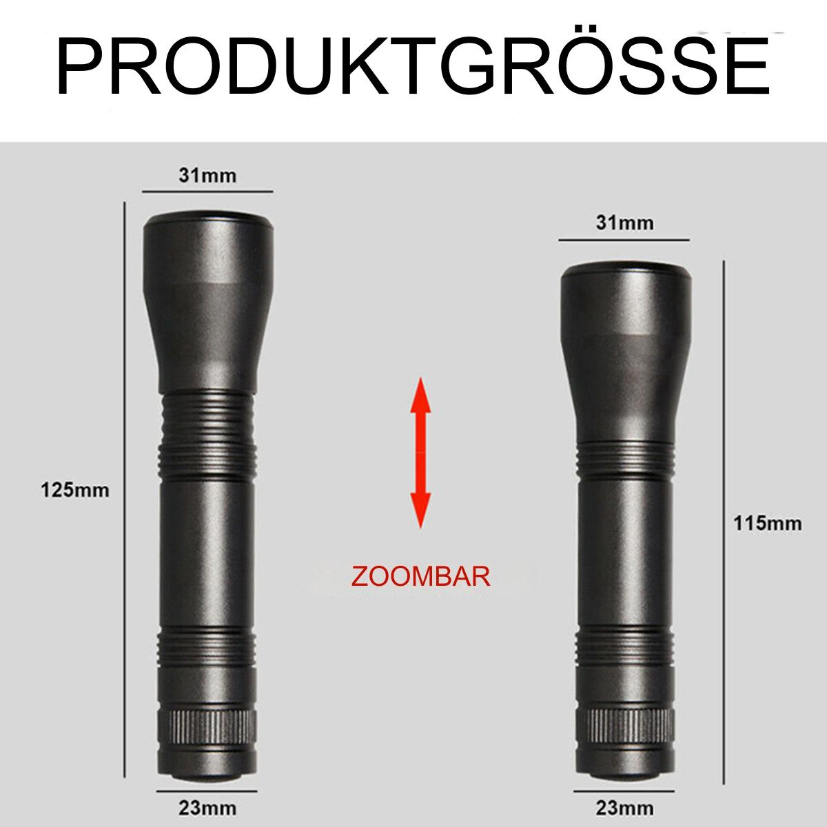 Vergleich von zwei schwarzen Taschenlampen mit Abmessungen und Zoom.