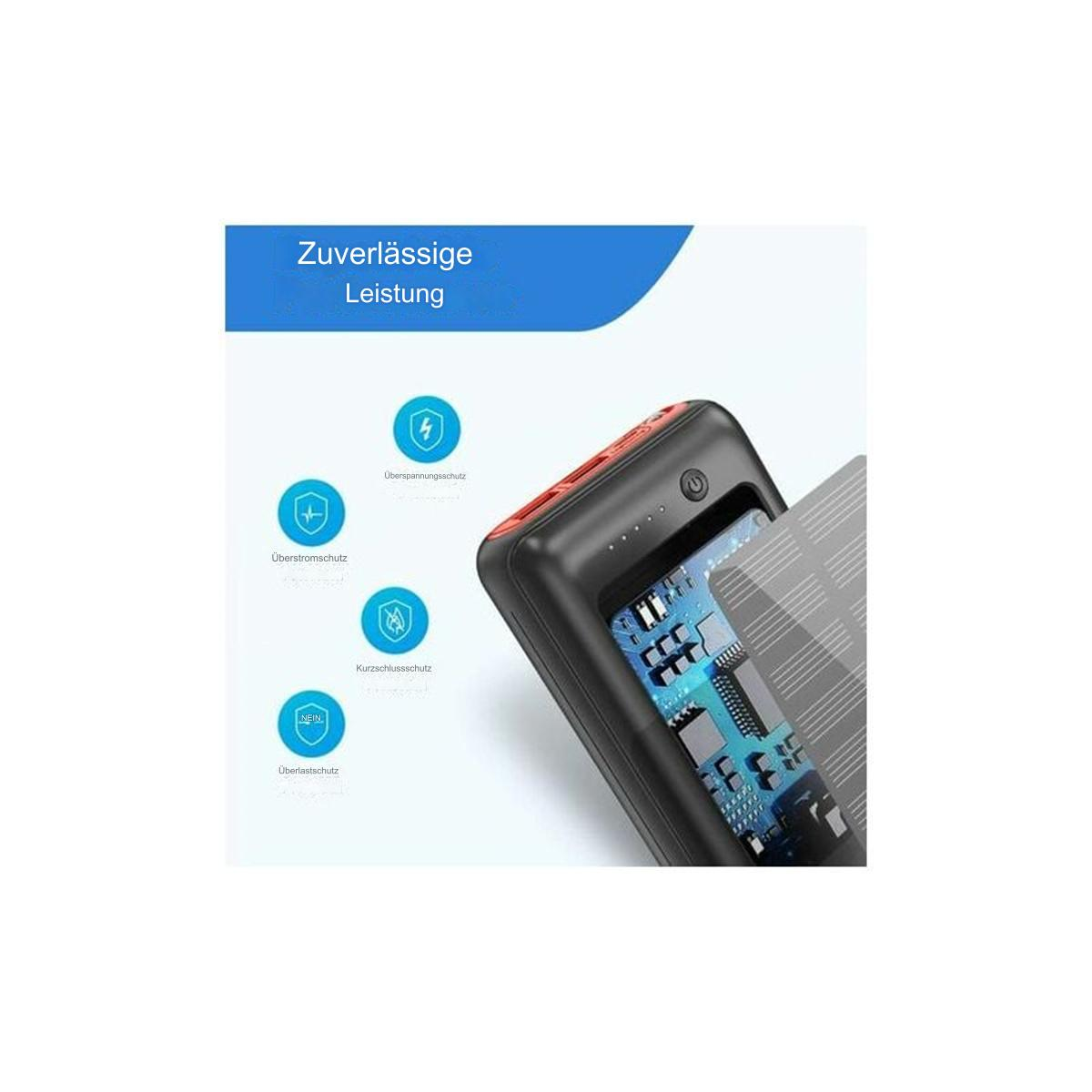 Schwarze und rote Powerbank mit Symbolen und einer sichtbaren Leiterplatte. Blauer Hintergrund mit den Worten Reliable Power.