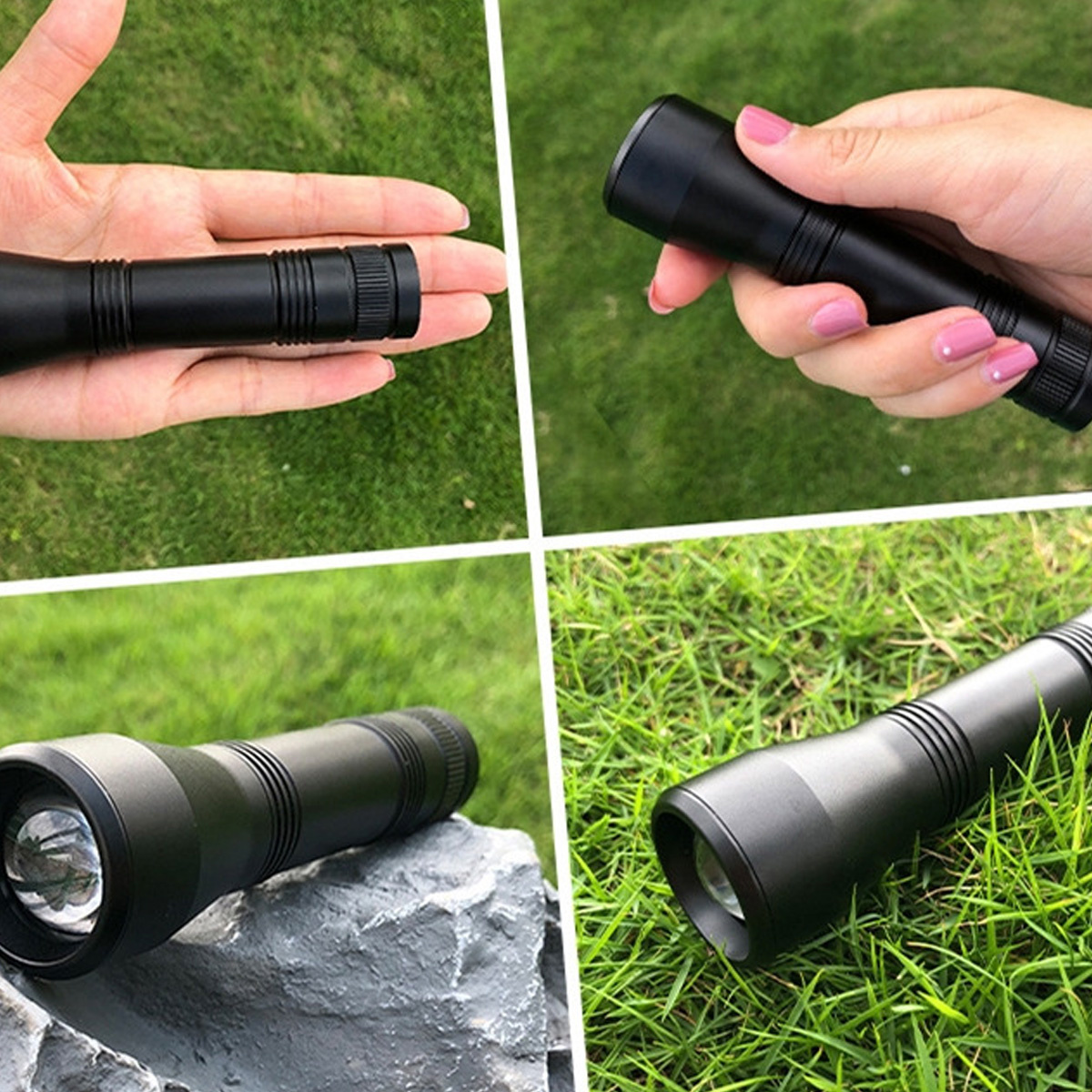 Mehrere Ansichten einer schwarzen Taschenlampe auf grünem Gras und einem Felsen. Eine Hand hält eine.