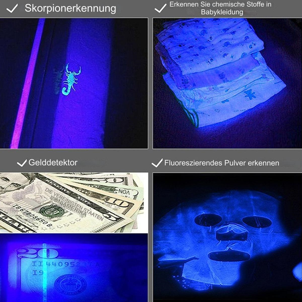 Bilder, die Gegenstände unter Schwarzlicht zeigen. Es gibt einen Skorpion, Babykleidung, Geld und eine Maske.