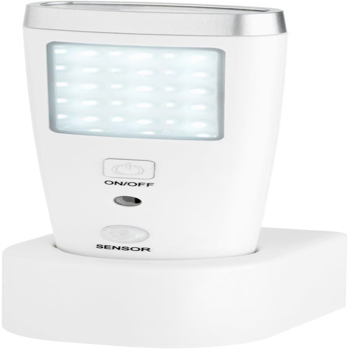 Weißes rechteckiges LED-Licht mit Ein/Aus- und Sensortasten, das auf einer weißen Basis ruht.