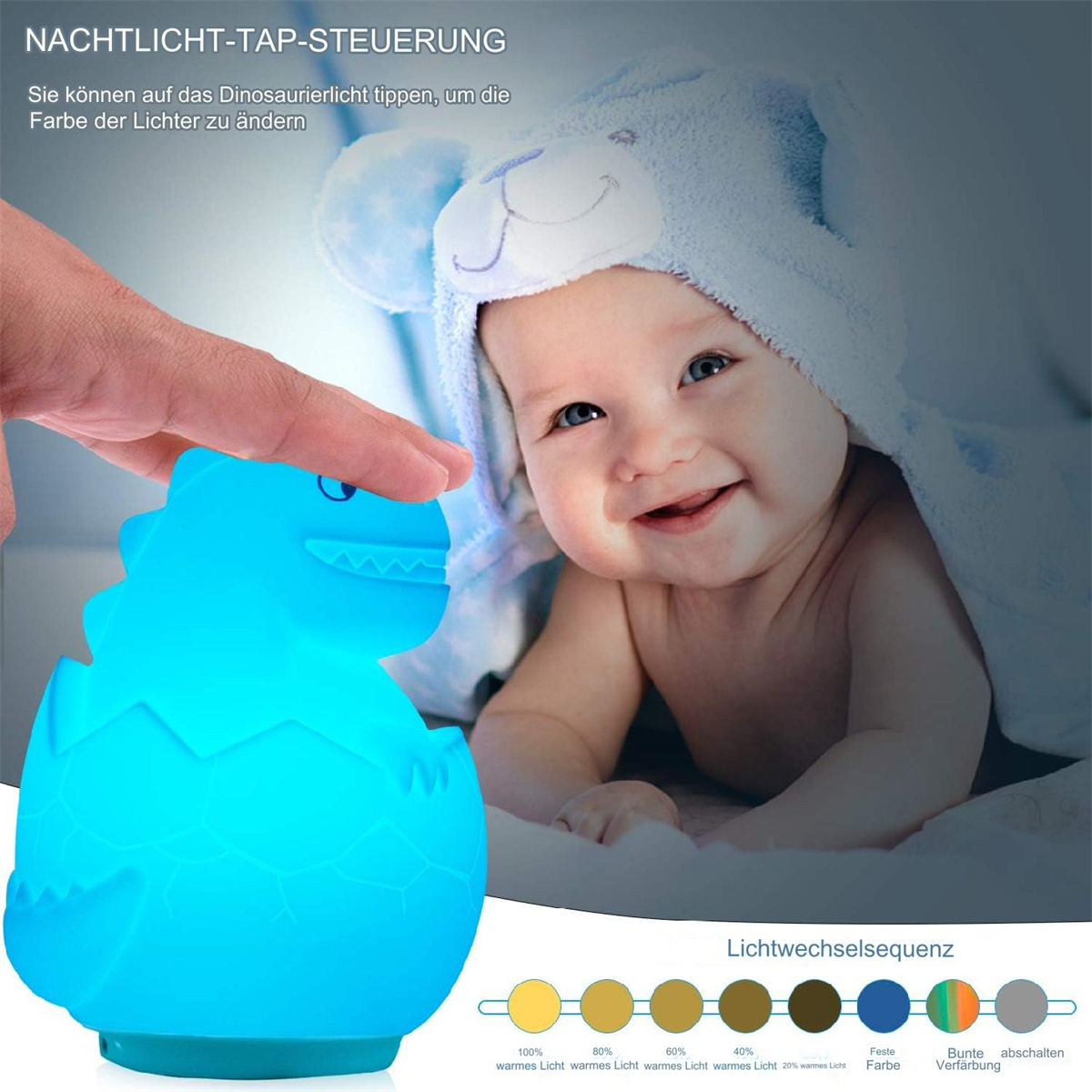 Baby in einem Handtuch mit blauem Dinosaurierlicht. Bunte Lichtsequenz. Weißer Hintergrund.