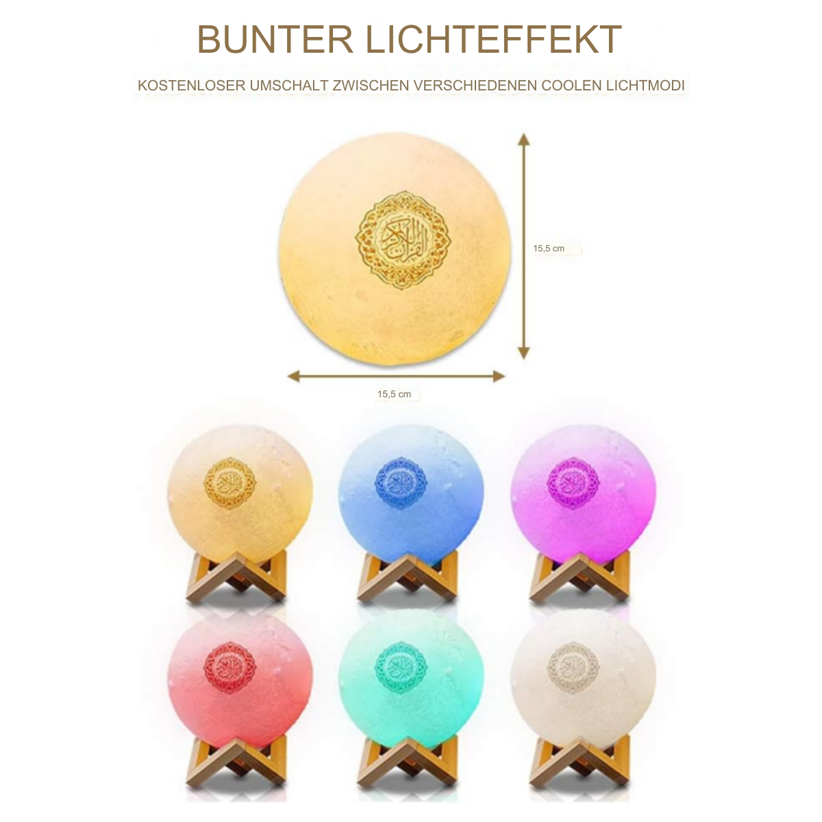 Mondförmige Lampe mit religiösem Design und verschiedenen Farbeinstellungen. Weißer Hintergrund.