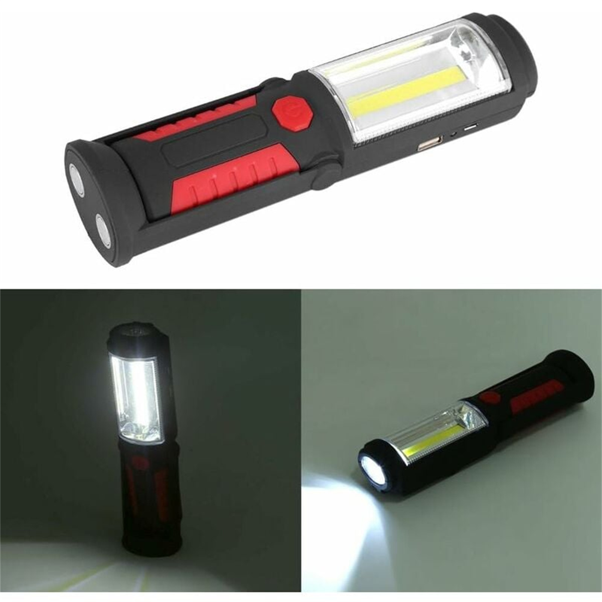Zwei Taschenlampen, eine rot/schwarz und eine ganz schwarze, beide zeigen helles Licht von vorne.