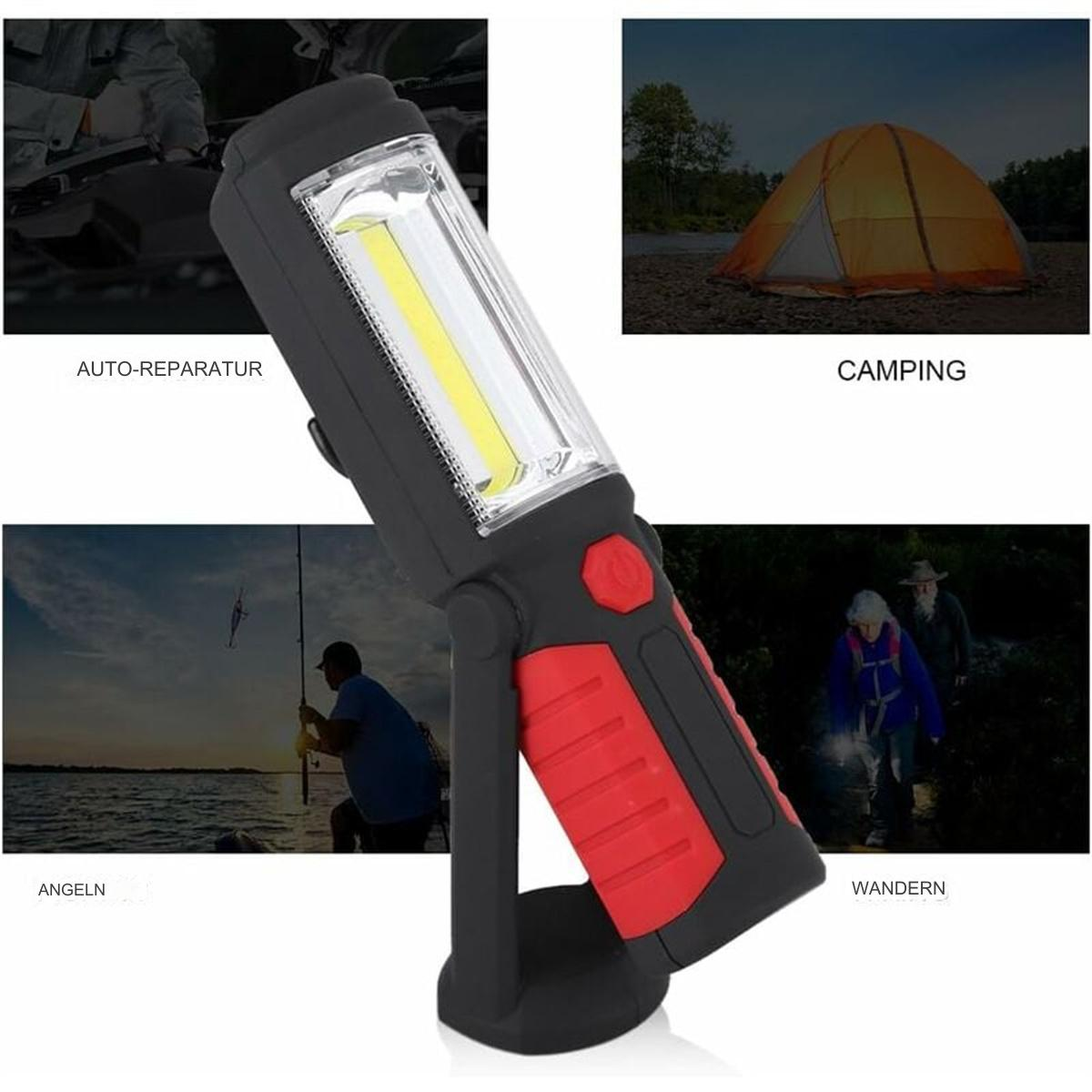 Eine schwarz-rote Arbeitsleuchte mit Szenen von Autoreparatur, Camping und Angeln.