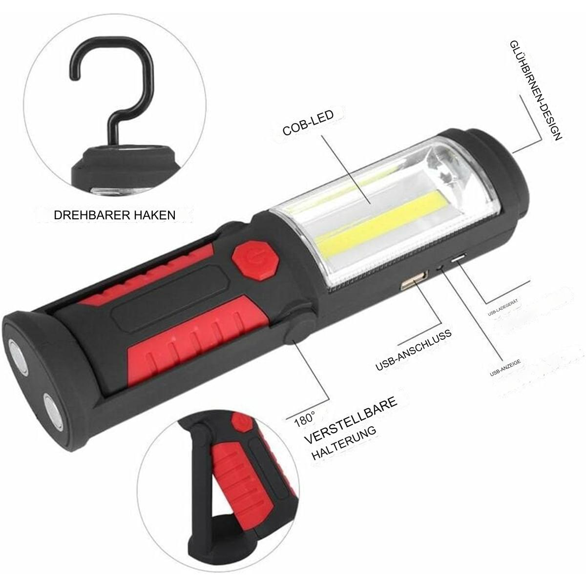 Eine schwarz-rote LED-Arbeitsleuchte mit COB-LED, Haken und USB-Anschluss.