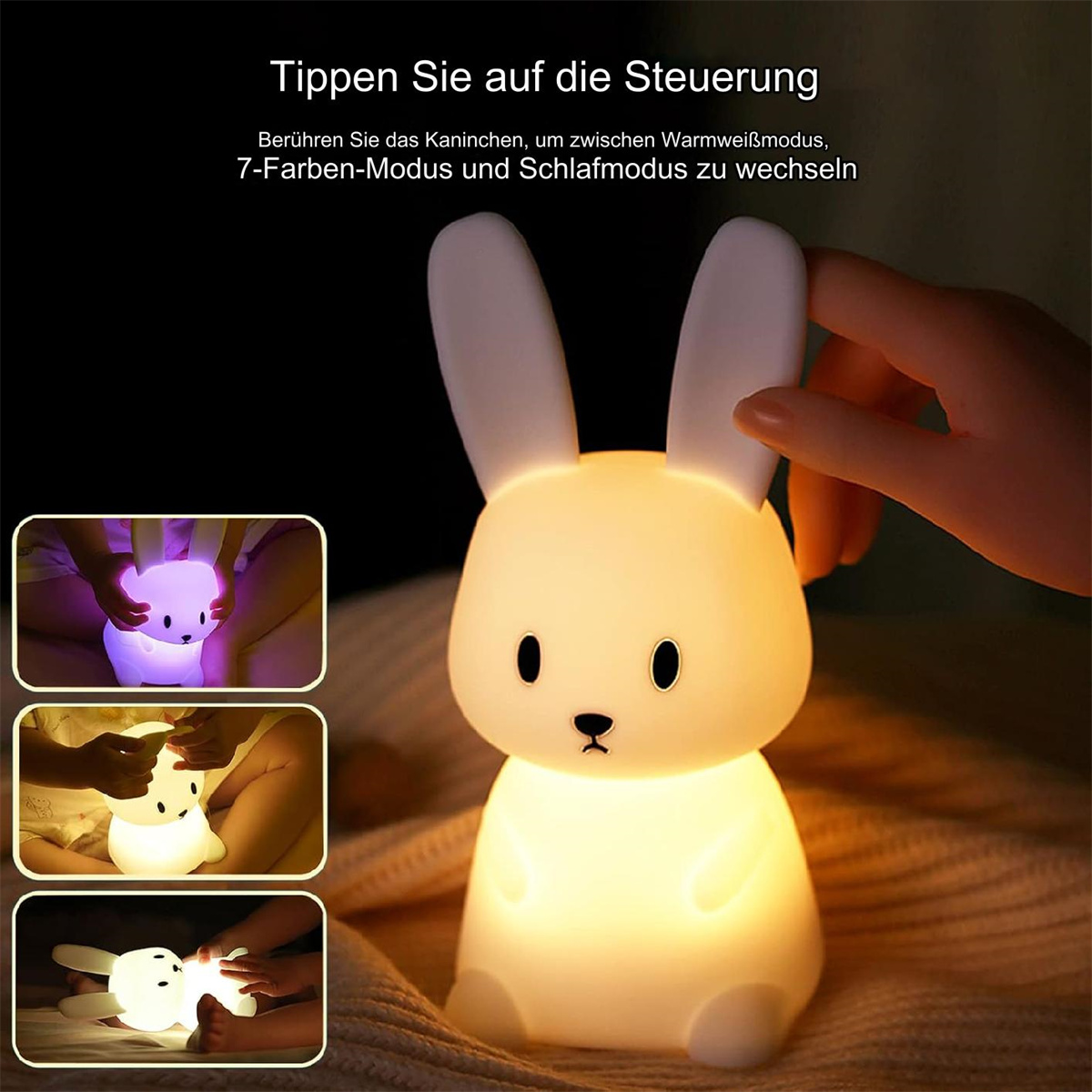 Ein hasenförmiges Nachtlicht mit weißem Körper und eine Hand, die es berührt.
